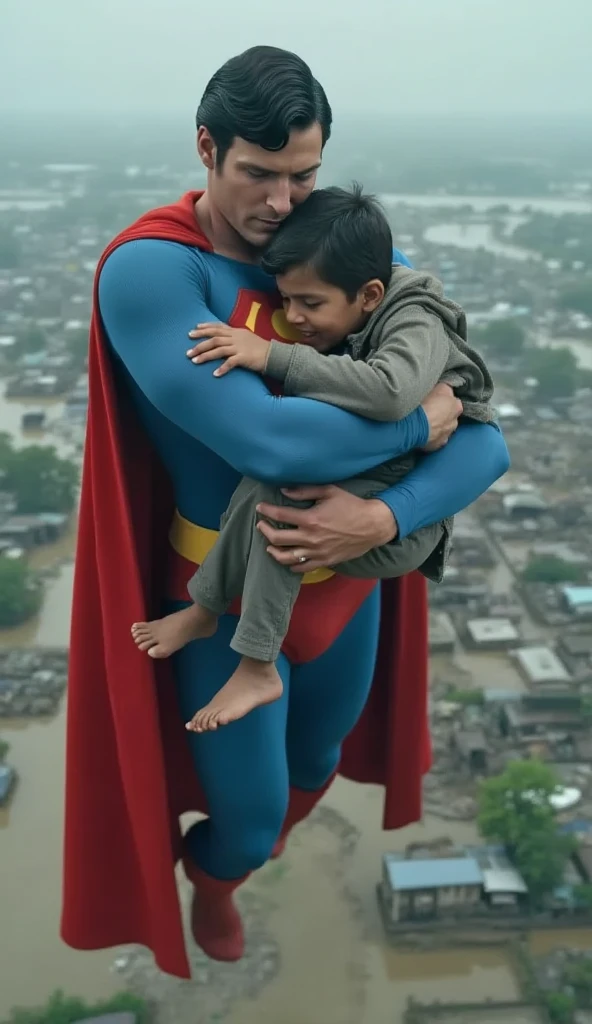 A sad Superman saving flood victims bangladeshi sad child with sad mood and flying with him also looking at flood


