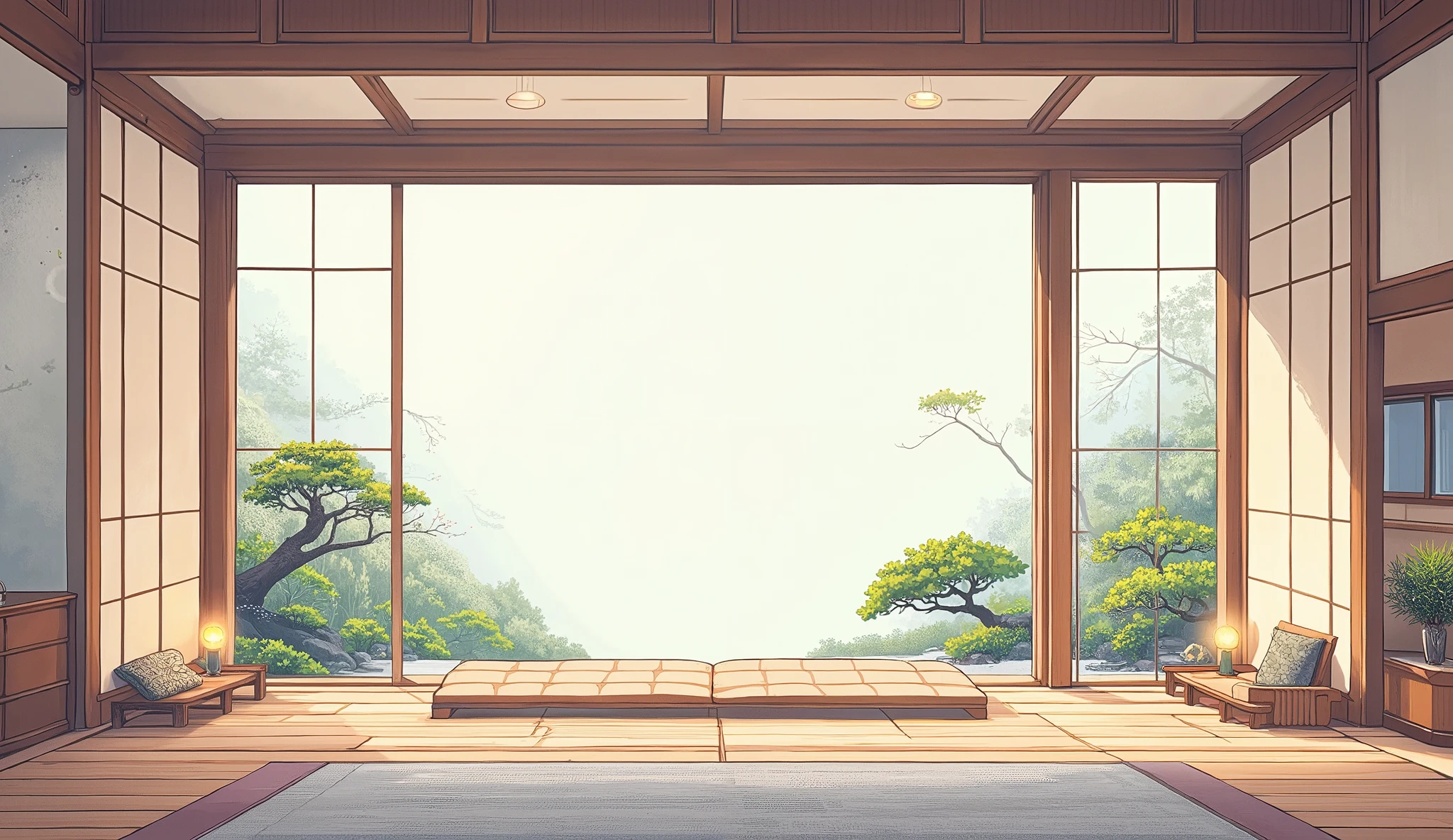 illustration in soft colors predominating , minimalism of a Japanese style living room with window to see the minimalist Japanese garden with bonsai trees, the stage evokes energy and elegance