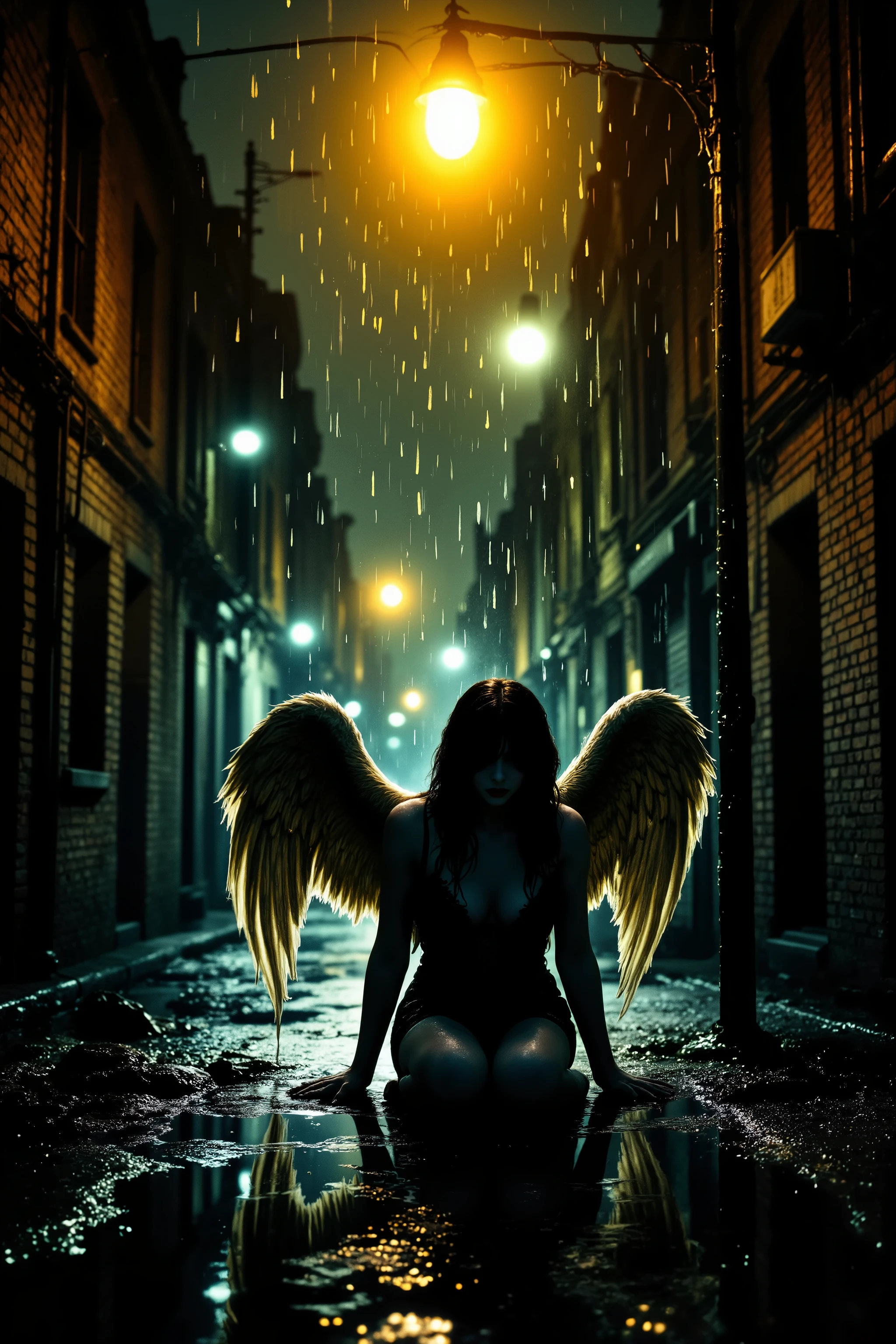 A hyper-realistic depiction of a solitary silhouette of a female angel sitting beneath a single streetlight on a wet urban street at night. The streetlight is the only visible light source, casting a strong glow that makes her silhouette sharp and well-defined against the richly detailed surroundings. She sits with a sorrowful posture, her wings slightly drooped, radiating a sense of loneliness and melancholy. Heavy rain falls, with individual raindrops visible as they catch the light. The wet asphalt and deep puddles reflect the streetlight, creating shimmering distortions and adding depth to the scene. The cityscape around her is fully formed—aged brick buildings shrouded in darkness, barely visible details in the shadows, and distant alleyways fading into the night. The atmosphere is cinematic and moody, with a dramatic contrast between the shadowy figure and the vivid textures of rain-soaked surfaces.
Created Using: hyper-realistic texture mapping, cinematic lighting contrasts, dynamic reflections, atmospheric rain effects, wet surface details, deep depth of field, and impressionistic light diffusion. HD quality, natural look.