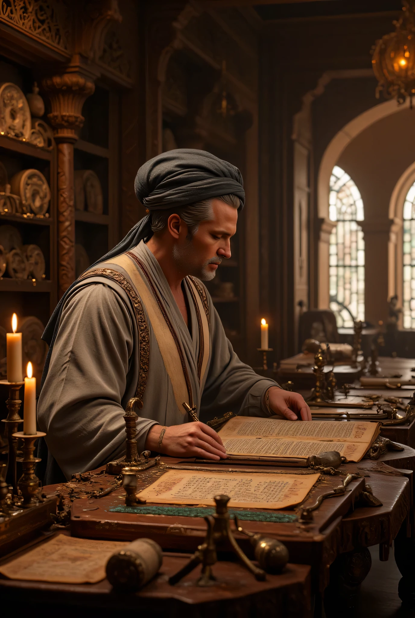 **Prompt:** Imagine a vivid tapestry of medieval medicine within a historic hospital that feels like a gateway to another era. This enchanting space is filled with ancient medical instruments, towering shelves of timeworn drugs and herbs, and the soft flicker of candlelight that dances upon the walls, casting enchanting shadows. At the center of this captivating setting sits a distinguished middle-aged Arab physician, whose elaborate embroidered Arabic robe and traditional turban speak volumes about his deep cultural heritage. He is focused intently on a grand, elongated table, which is adorned with scrolls and an array of traditional herbal remedies, meticulously crafting a treatise with his ink brush. The golden hour light filters through tall, arched windows, illuminating his face as he bears a welcoming smile that echoes the charm of a blend between Tom Hardy, Tom Hanks, and Liam Neeson. The background is a treasure trove of historical medical tools, each whispering the wisdom of the past and hinting at the scientific wonders once discovered within these walls. Render this scene with hyperrealistic detail and medium-angle perspective, highlighting the rich textures of the wooden beams and leather-bound volumes compared to the gentle features of the physician. Utilize depth of field techniques to enhance the inviting ambiance, beckoning the viewer to delve into this realm of medical discovery and timeless knowledge. Create a visual narrative that embodies the serene, awe-inspiring atmosphere of this ancient sanctuary, reminiscent of a documentary, capturing the spirit of inquiry and the legacy of healing arts.