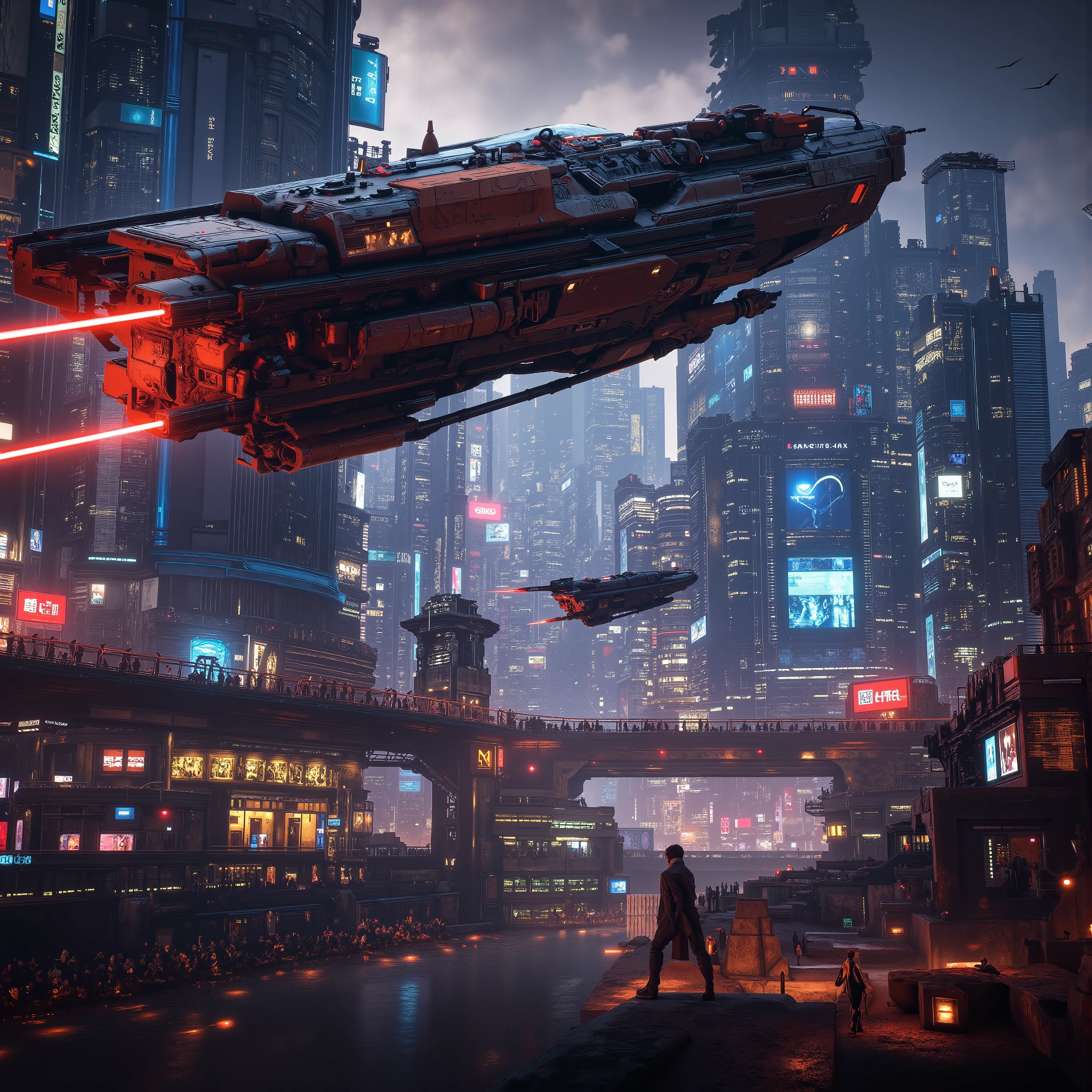 Futuristic 1(best quality,4k,8k,highres,masterpiece:1.2), photorealistic,photo-realistic:1.37)mad-srgns, highly detailed futuristic cybercity, towering skyscrapers with large media screens, gleaming metal and glass buildings, neon lights illuminating the cityscape, flying vehicles soaring through the air, advanced technology and holographic displays, massive bridges connecting the structures, bustling streets filled with pedestrians and autonomous cars, lush greenery and parks interspersed between the modern architecture. Out of nowhere, a giant war spacecraft comes into view and starts to destroy people and property with advanced laser weaponry. Smaller ships with machine guns pepper the running crowds of people with hundreds of thousands of bullets.People run for their lives, terrified! It is a massacre. Rebels with rocket launchers can be seen here and there, fighting back. Ultra-detailed, ultra-realistic, photo-realistic, cinematic photography, cinematic lighting, cinematic portrait, portrait photography, cinematography, cinematic, realistic, best quality images, masterpiece.