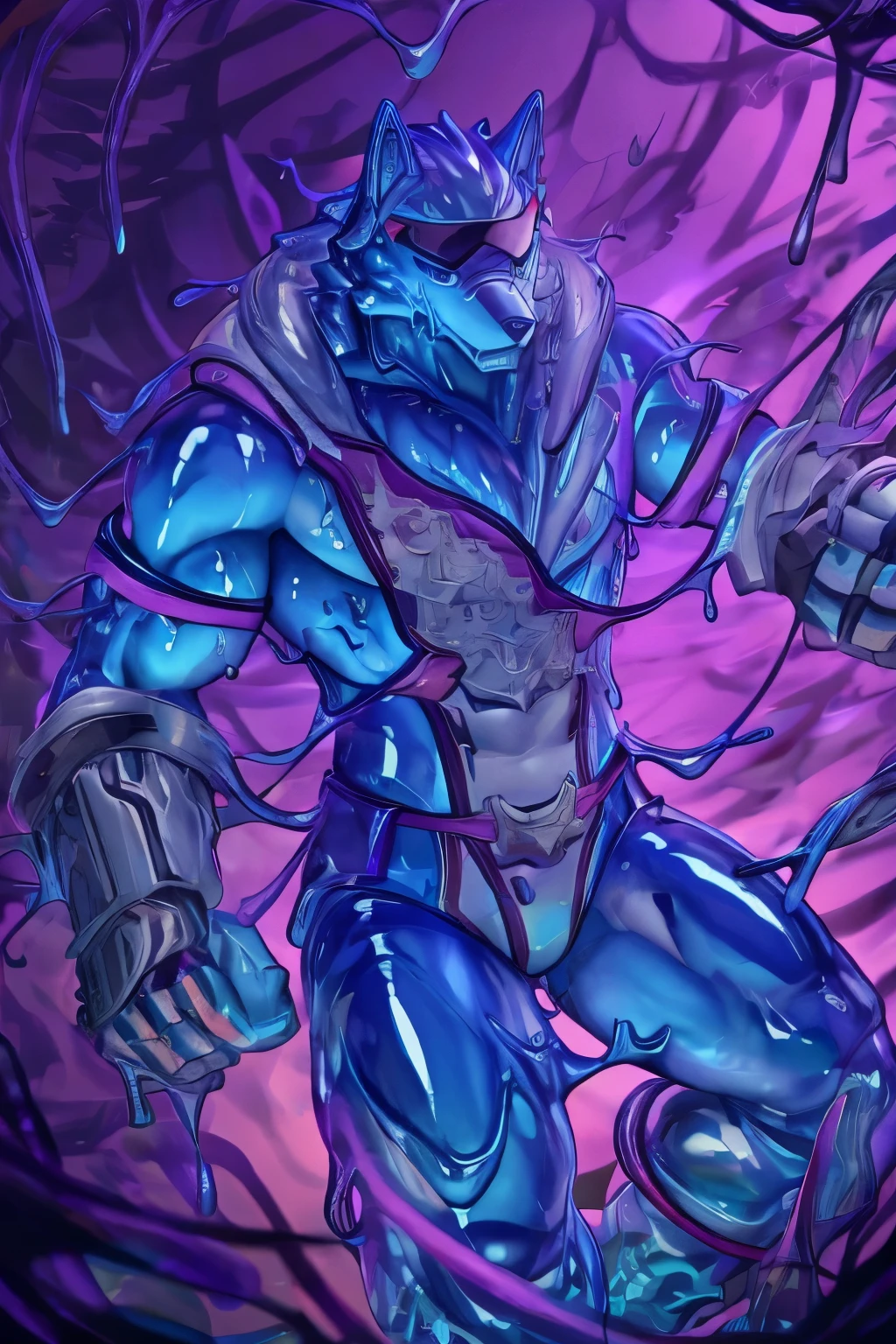 Red body,Blue hood,Slender and huge muscles,armor,Ready your spear,bulging muscles,Evil atmosphere,Huge penis,Possessed by a demon, losing sanity,Gritting your teeth,Sharp teeth,Purple glowing eyes,A gloomy aura