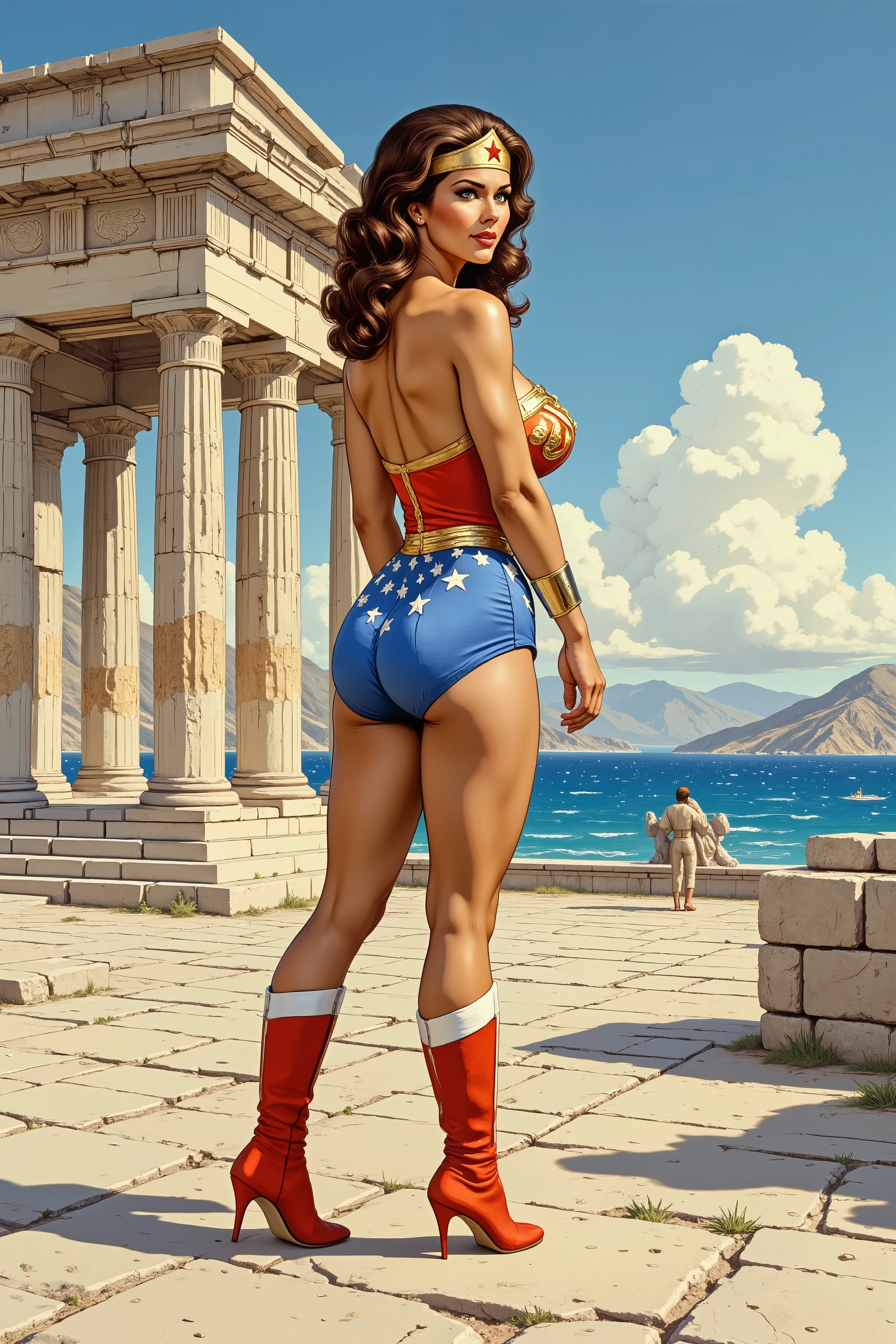 illustration of SEXY LYNDA CARTER AS THE ICONIC 1960 WONDER WOMAN, WEARING A SPANDEX WONDER WOMAN COSTUME, SPANDEX PATRIOTIC BLUE shorts. , RED WONDER WOMAN BOOTS. CRYSTAL CLEAR ART, CELAN CRISP ART, 4K, 8K, MILLIONS OF TEXTURES, heroic pose, bubble butt, big round ass, at an old greek temple near a sea, side view, ass focus, narrow waist, fit bimbo body, from the side , looking to the viewer over her shoulder, seductive smile
