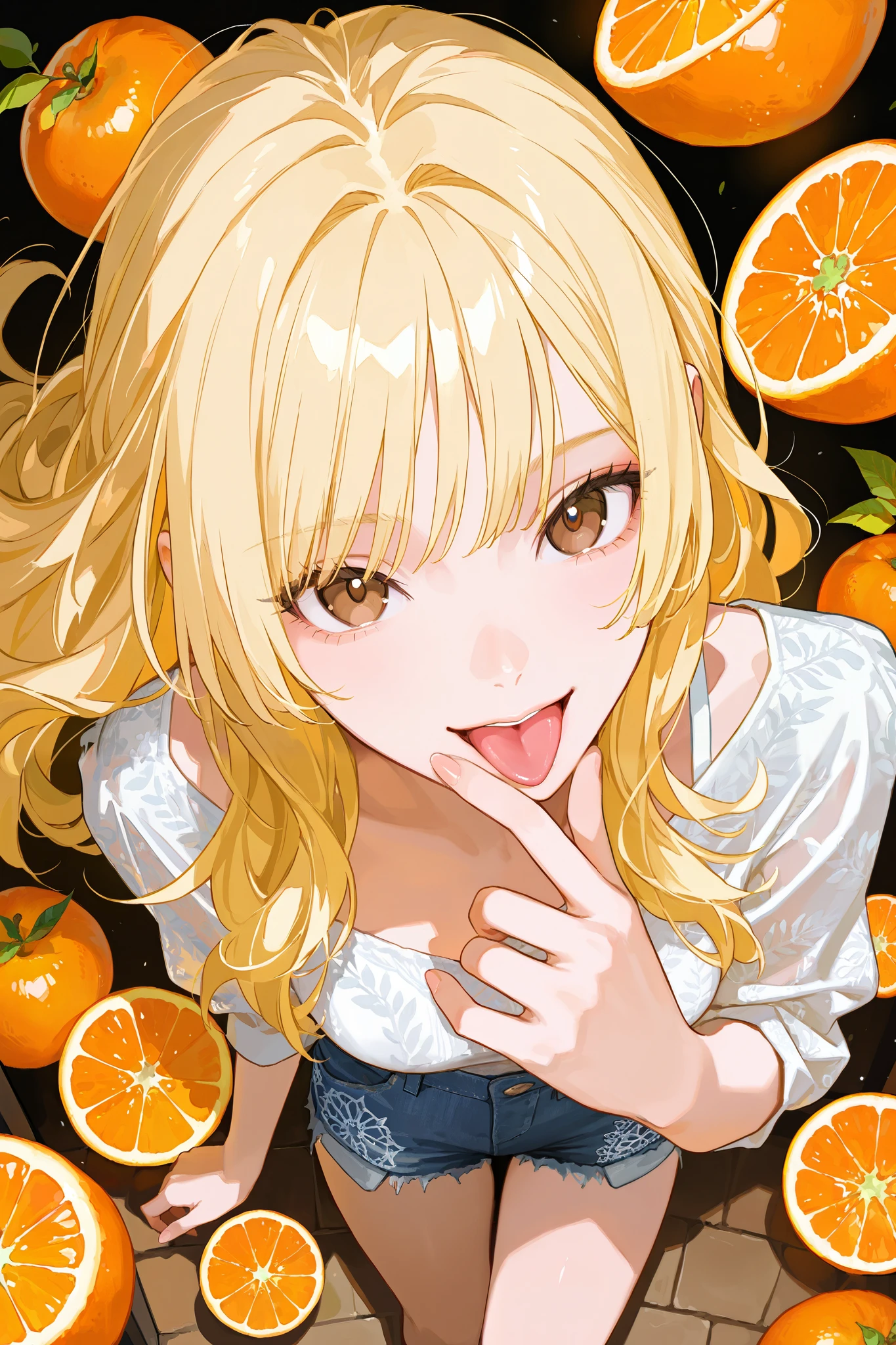 lemon、Biting into a lemon、sour face、kitagawa marin, 1girl, blonde hair, long hair, multicolored hair, red eyes, jewelry, earrings, piercing, black choker, UHD, retina, ccurate, masterpiece, anatomically correct, textured skin, super detail, high details, high quality, best quality, highres, 8k