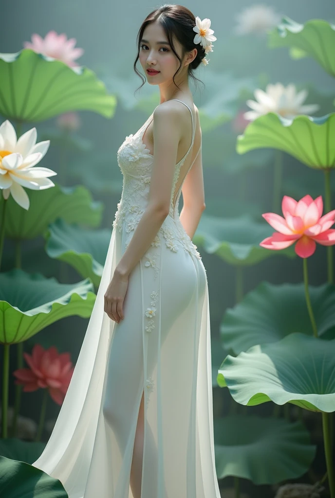 Elegant woman in a lotus pond,high detal,China-style,Clean picture,minimal style,Big lotus,Fine lines,with hat,vestindo vestido longo,Woman's back,Sky blue,There are white clouds,(see-through transparent clothes:1.3)