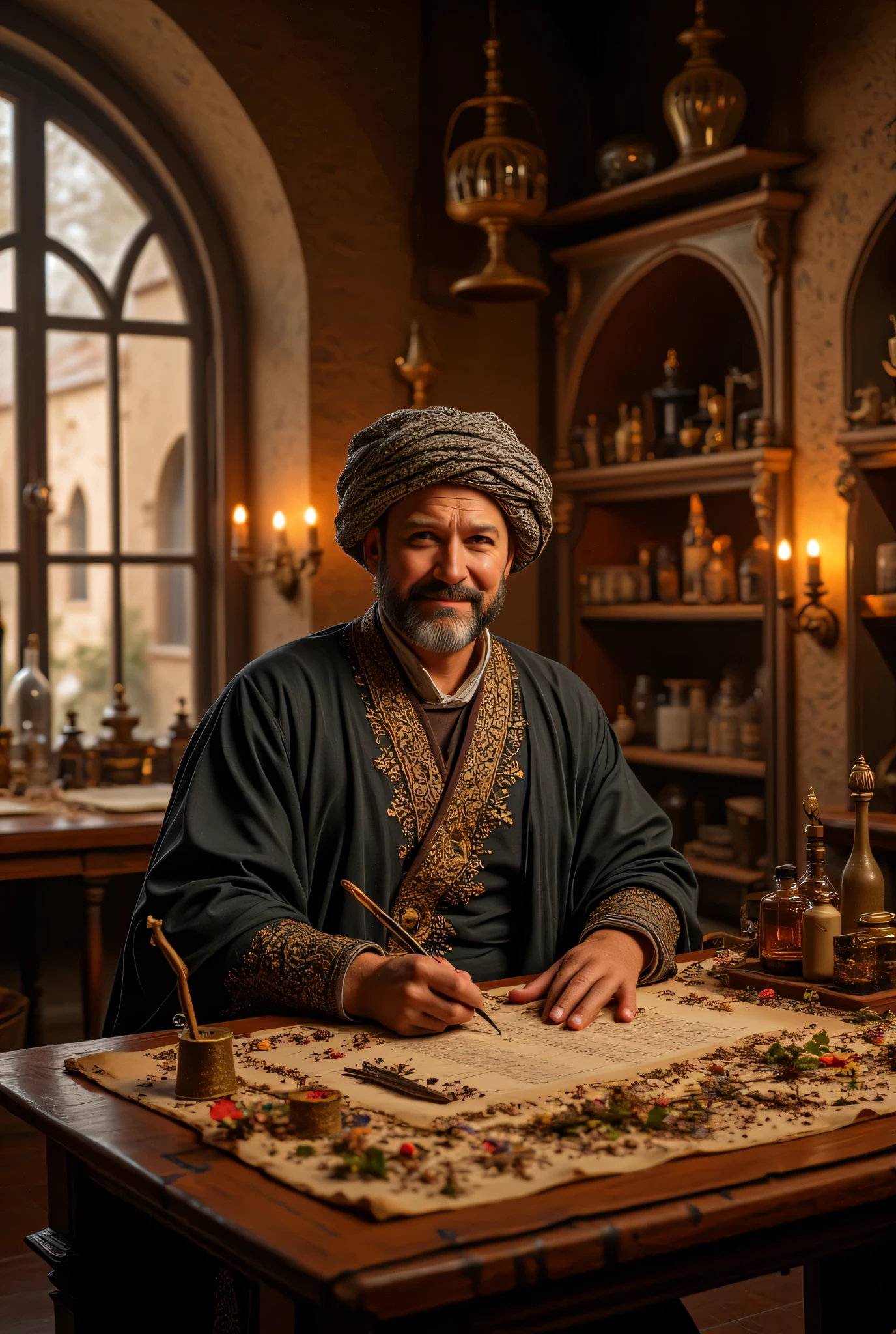 **Prompt:** Imagine a vivid tapestry of medieval medicine within a historic hospital that feels like a gateway to another era. This enchanting space is filled with ancient medical and chemical tube instruments, towering shelves of timeworn drugs and herbs, and the soft flicker of candlelight that dances upon the walls, casting enchanting shadows. At the center of this captivating setting sits a distinguished middle-aged Arab physician, whose elaborate embroidered Arabic robe and traditional turban speak volumes about his deep cultural heritage. He is focused intently on a grand, elongated table, which is adorned with scrolls and an array of traditional herbal remedies inside chemical bottles tube, meticulously crafting a treatise with his ink brush. The golden hour light filters through tall, arched windows, illuminating his face as he bears a welcoming smile that echoes the charm of a blend between Tom Hardy, Tom Hanks, and Liam Neeson. The background is a treasure trove of historical medical tools, each whispering the wisdom of the past and hinting at the scientific wonders once discovered within these walls. Render this scene with hyperrealistic detail and medium-angle perspective, highlighting the rich textures of the wooden beams and leather-bound volumes compared to the gentle features of the physician. Utilize depth of field techniques to enhance the inviting ambiance, beckoning the viewer to delve into this realm of medical discovery and timeless knowledge. Create a visual narrative that embodies the serene, awe-inspiring atmosphere of this ancient sanctuary, reminiscent of a documentary, capturing the spirit of inquiry and the legacy of healing arts.