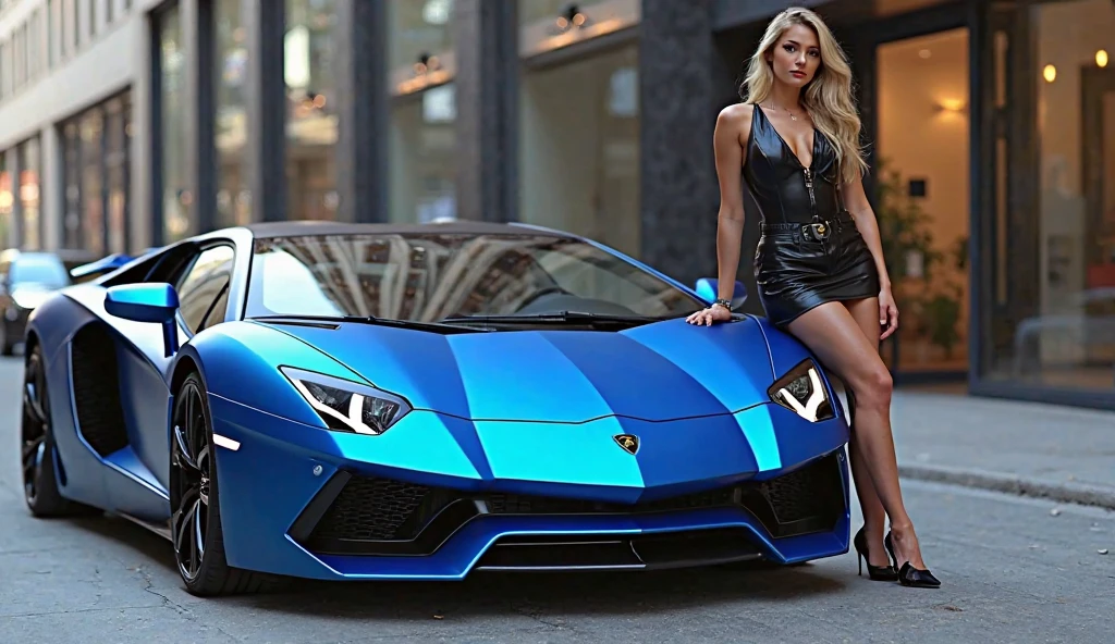violet Lamborghini Aventador with yellow headlights and gold wheels. gils has a black sport-watch