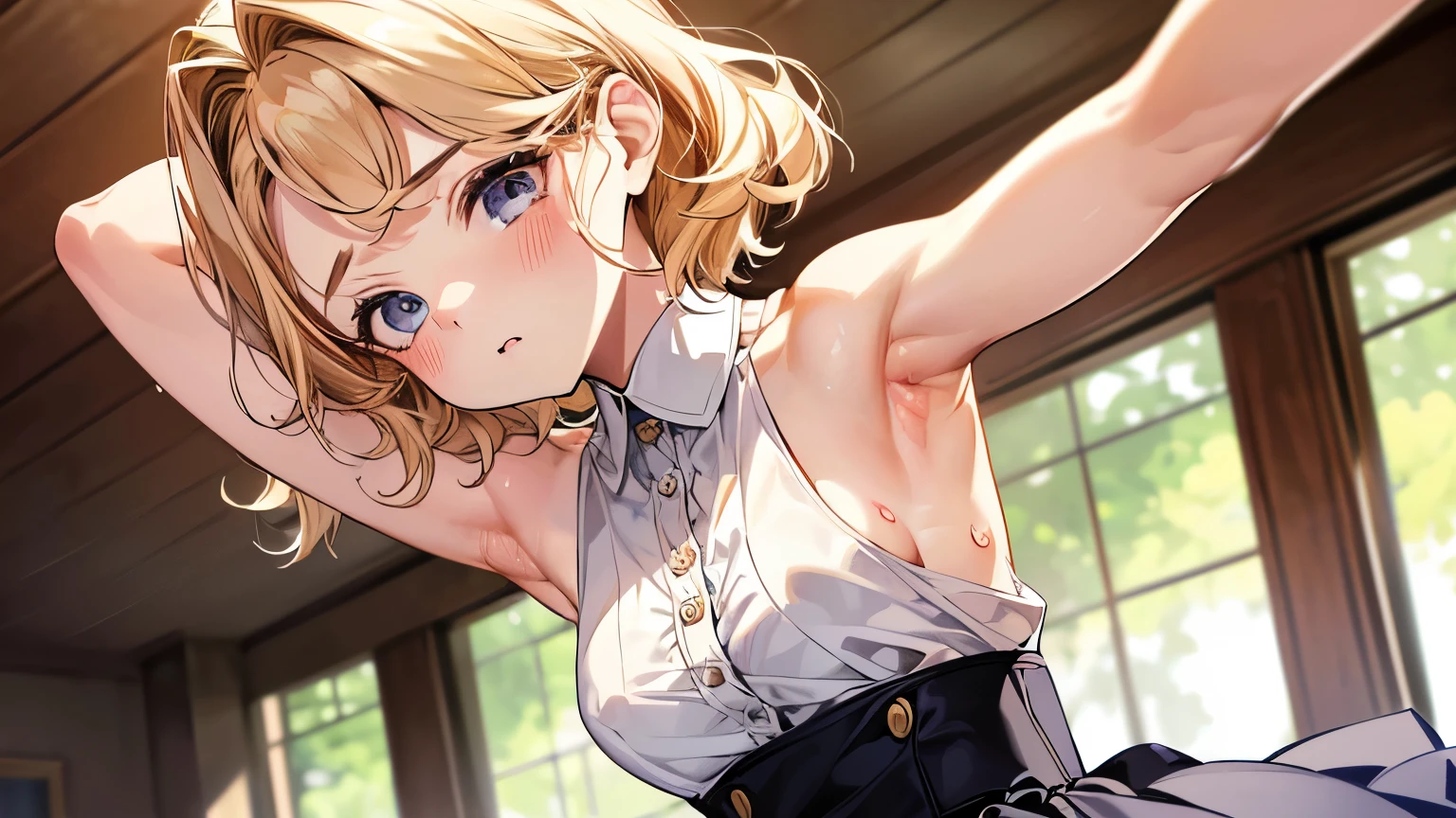 Close-up、(((blonde hair)))、wavy short hair、cute、summer:1.3、shirt:1.3、、skirt(((Highest image quality、High resolution、masterpiece、one woman)))、((((embarrassing:1.3、)))、(((cute)))、Super delicate and cute girl with blonde hair、soio、office lady、22 years、8K Ultra High Definition、Delicate texture、short wavy Hair、flat chest、(())、(())),,Plain clothe、Smiling,spreading her legs,exposed panties,nsfw,middle breast,office,,lying down on the desk,spreading legs open wide with knees bent,creating the shape of the letter M,(((detailed race white panties))),(((showing armpits:1.3))),white blouse,pleated skirt