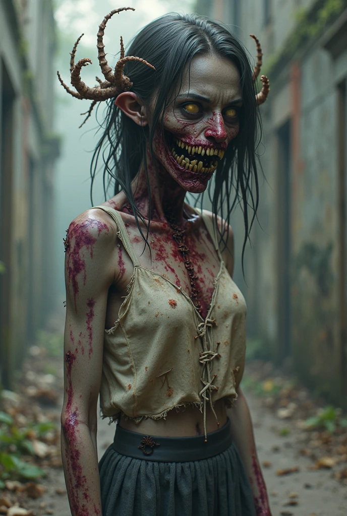A scary Cambodian woman with red-eye and messy hair and have only the intestines, heart, and liver are attached to her necks and flying on the field 8k