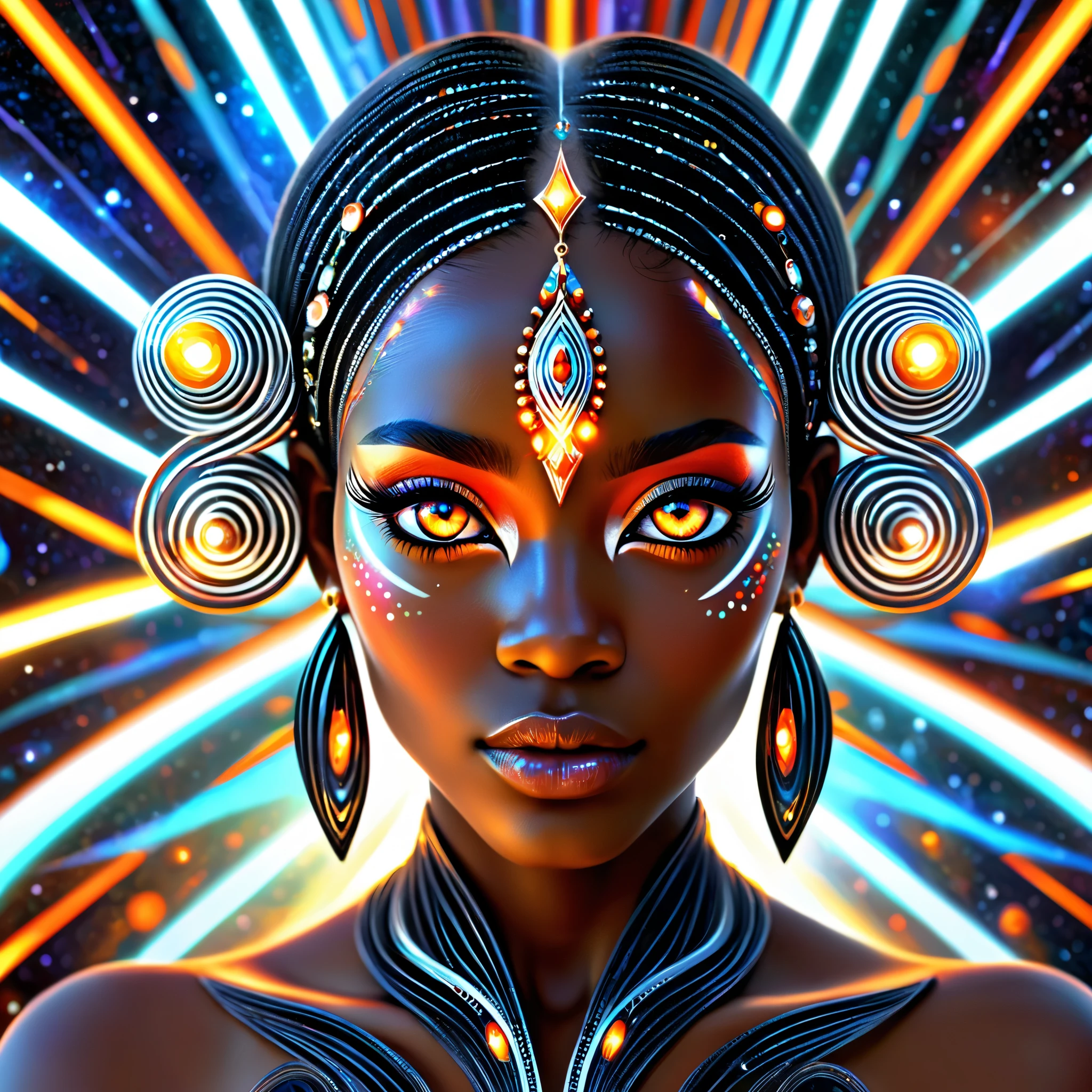 Fractals infused hybrid eith a beautiful black woman fractals sre her eyes down to the patterning in her skin ethereal otherworldly neinf of light translucent eith fractal patterns beaning out of her body red streaks orange streaks hyperdetailed intricate masterpiece hyperoutlined intricate masterpiece vignetting vignetting cosmic cosmic Looking at viewer, Animal Ears, High Details, Super Detailed, Award Winning, High Resolution, Very Long Hair, Crystal Earrings, Spiral Eyes, Glowing Eyes, POV, Sparkle, Cinematic Lighting, Cubist Futurism,