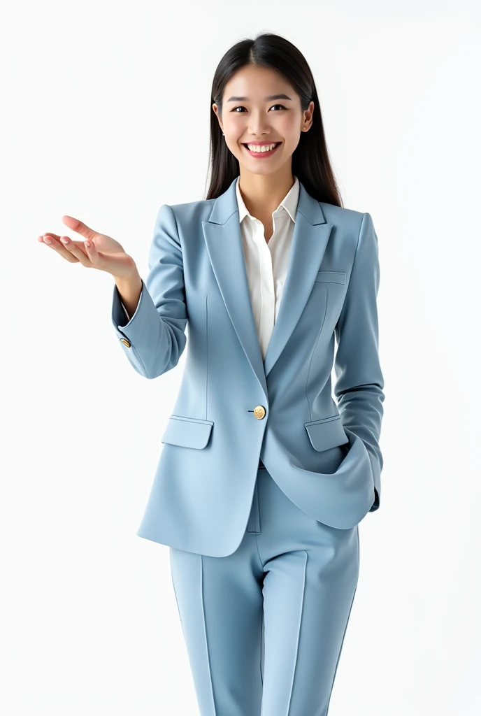 arafed woman in a white jacket and blue pants pointing at something, young business woman, young asian woman, woman in business suit, wearing white suit, with pointing finger, girl in suit, a young asian woman, girl in a suit, woman posing, wearing elegant casual clothes, an asian woman, asian woman, korean woman, wearing a light blue suit, TEXTURED SKIN, ULTRA SKIN