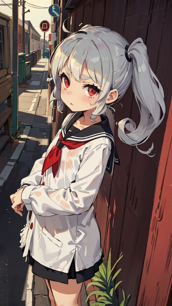 masterpiece portrait of aroused Rei Ayanami \(evangelion\), evangelion \(Hideaki\), caustics, textile shading, high resolution illustration, red eyes, feminine, no pupils, blue hair, short hair, dynamic angle, running, outdoors, dark alley, night, serafuku, full body shot