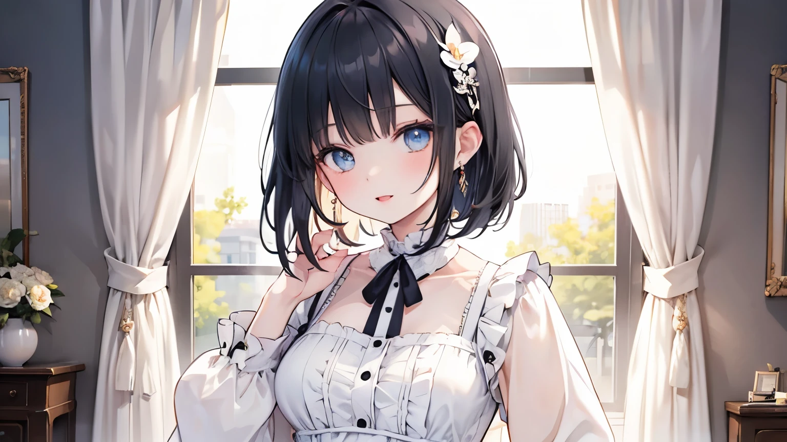 Beautiful woman wearing a white long sleeve puff sleeve dress with lots of ruffles Long black bob hair with hair ornament upper body lipstick