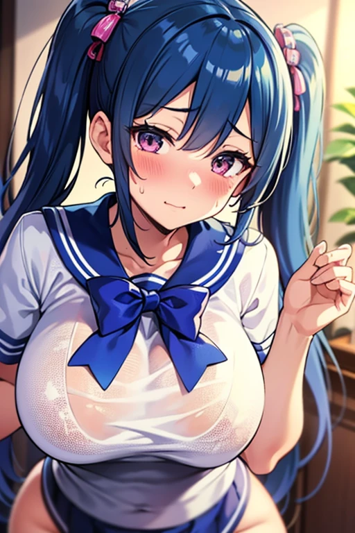 nsfw, kurokawanagiko, dark blue hair, blunt bangs, very long hair, red eyess, large breasts, , , empty eyes , large breasts, nipple, , Peeing, lactation, projectile lactation, Sweets shop, frozen, wet, crying ,, Naked, , (1girl) ,solo