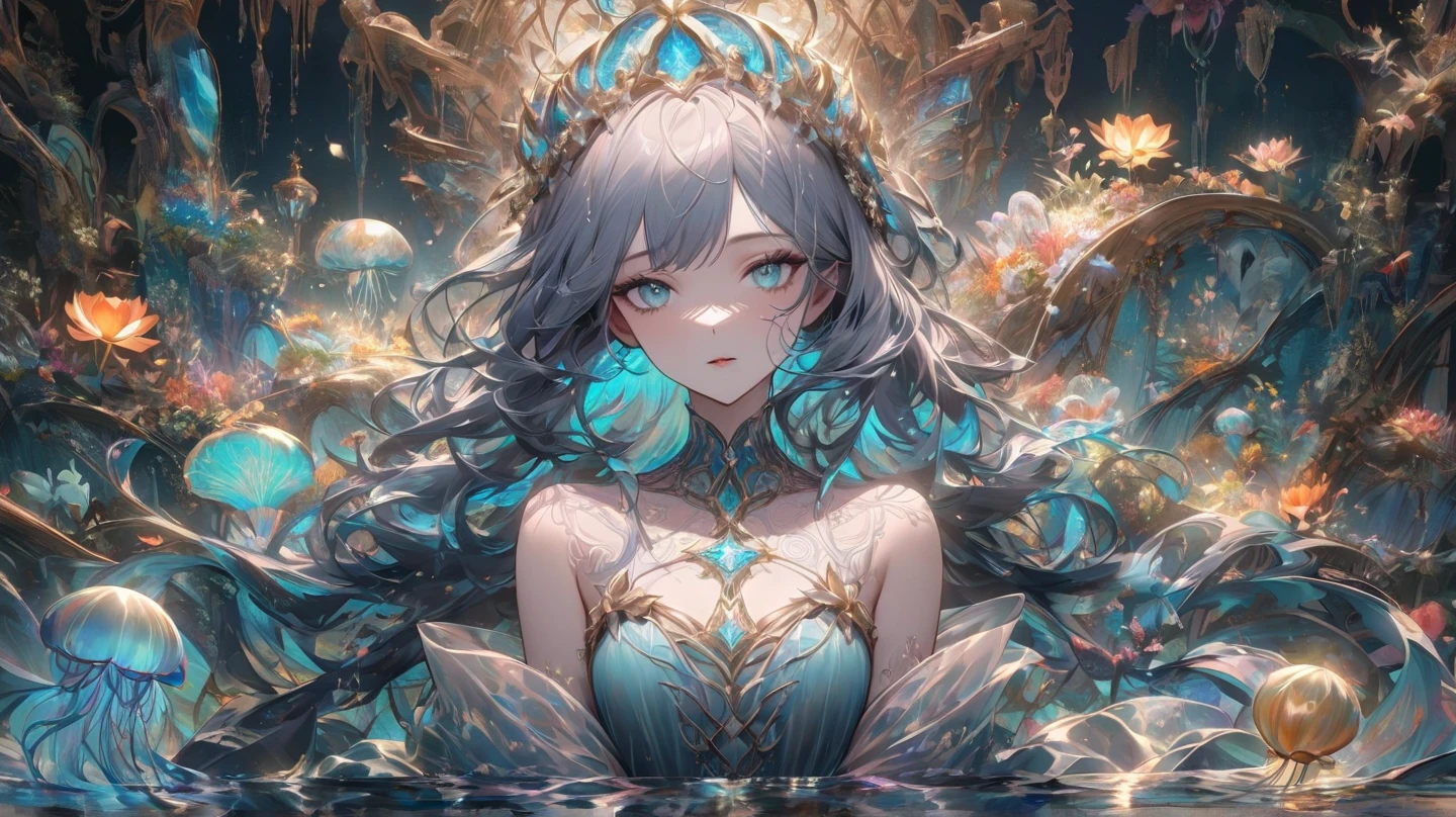 1girl, solo, mermaid, hidden cove, deep ocean hair, pearls and seaweed, aquamarine eyes, shell top, iridescent scales, coral reefs, bioluminescent fish, sparkling water, serene expression, ocean magic, fantasy setting, detailed art, soft glow, black gloves, detailed gloves, lips, shiny skin, shiny scales, expressive face, expressive eyes, anime screencap, intricate details, masterpiece, best quality, very aesthetic, absurdres, newest, detailed background, detailed face, detailed eyes, detailed scales, intricate, vivid colors, dynamic lighting