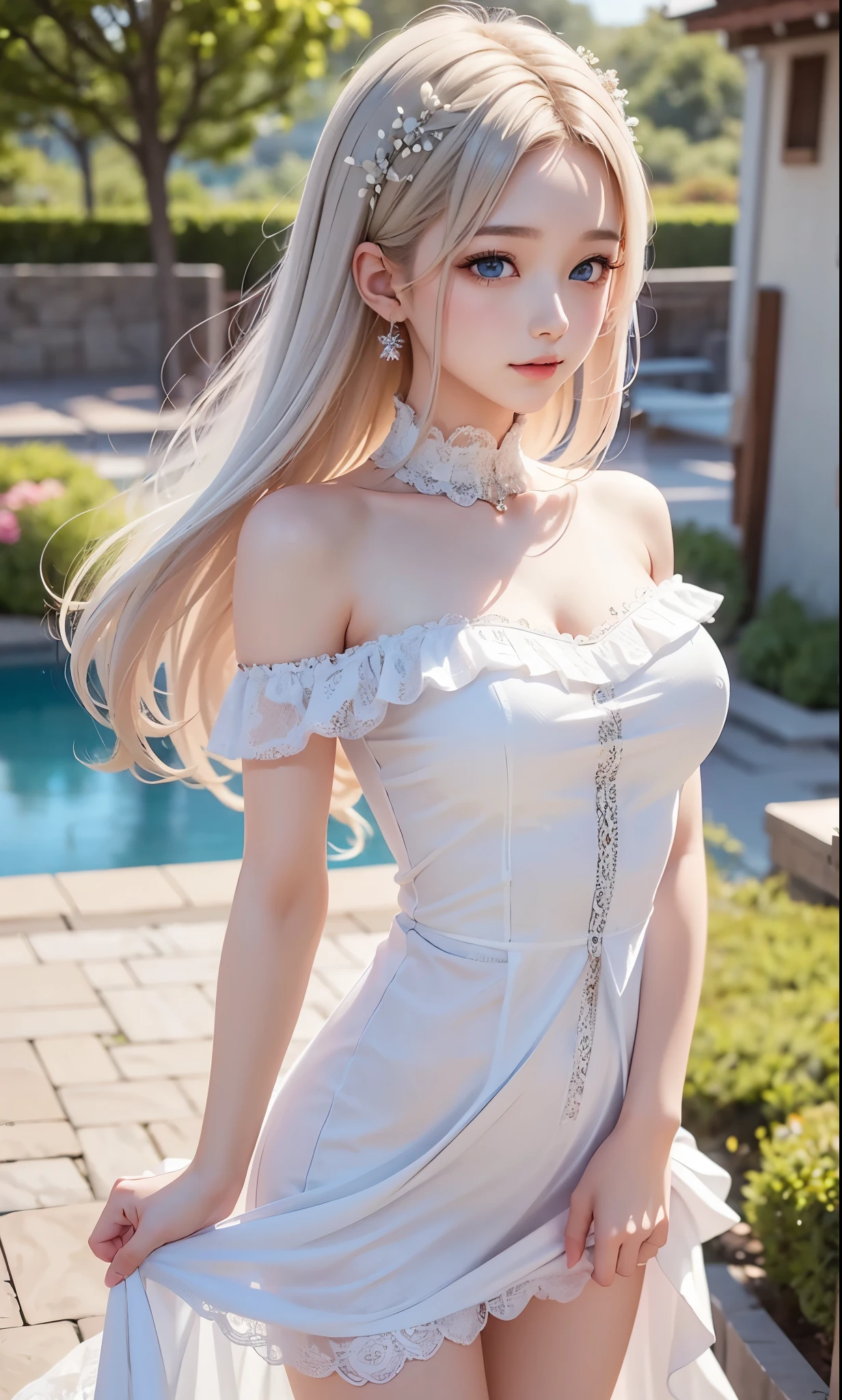 There is a woman in a white dress, artwork in the style of Gwaiz, Gwaiz on pixiv artstation, Gwaiz on artstation pixiv, Gwaiz, Fantasy art style, Gwaiz masterpiece, Beautiful and elegant queen, Beautiful character drawings, Detailed digital anime art, Blonde Princess, Gray Hair, Sky blue eyes, Pink Lips, off shoulder frill and lace dress , see through dress. reika