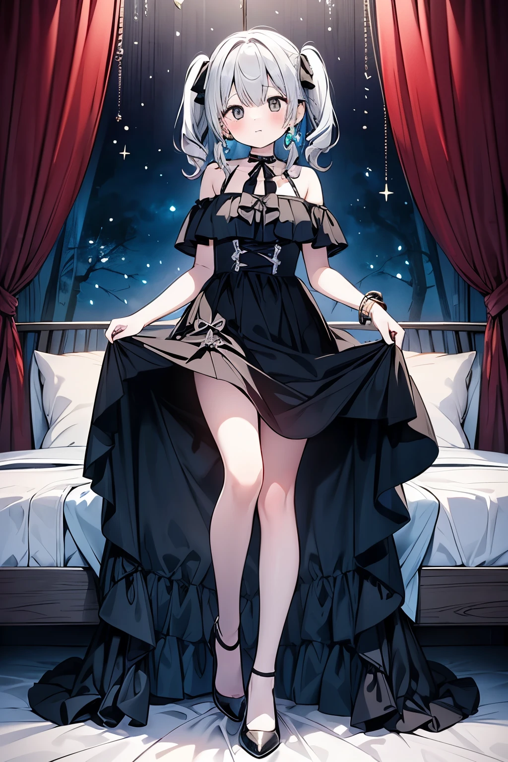 (masterpiece:1.3), (best quality:1.3), Girls, Silver hair, blue eyes, Transparent black lingerie homedress, jewelry necklace, jewelry earrings, jewelry dress, garter belt, garter straps, blush, 🤨, headband, black stockings, arms beside the body, sitting, on bed, night time, night sky, starry sky, window behind back, black elbow gloves, [(WHITE BACKGROUND:1.5), ::5] HEXAGON