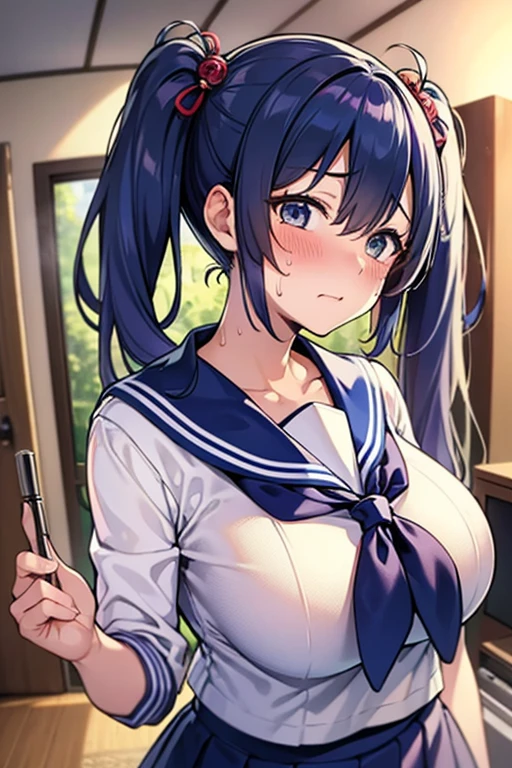 One girl, Highest quality, (masterpiece), (Highest quality),
Cowboy Shot, looking at the camera, Composition from the front, Mouth closed, Seraphim, Hair Ribbon,bikini、Purple eyes, sanpaku,Sit on a chair, computer,Very large breasts、Used Condoms、soaked、Sweaty