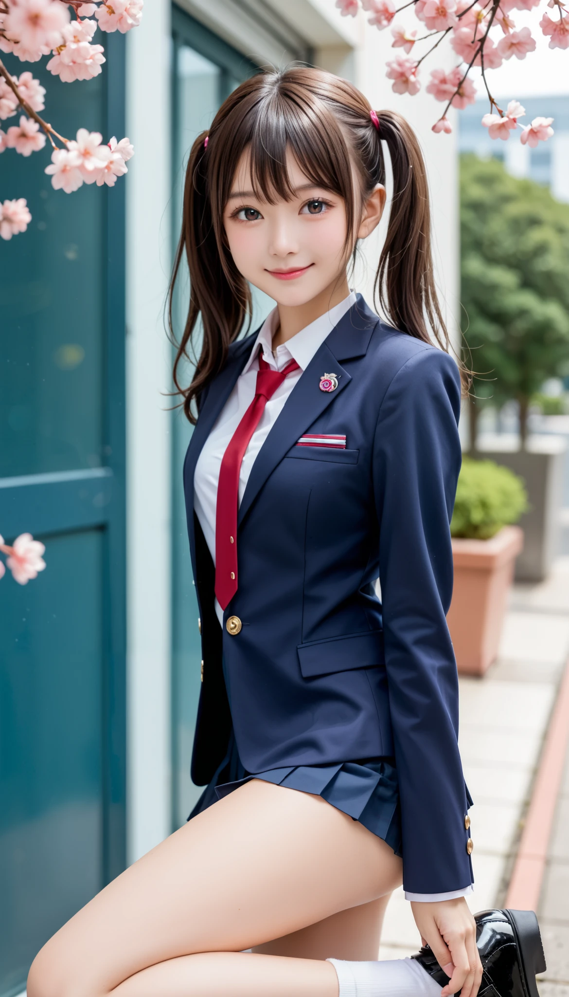 驚異的に可愛い日本の少女が高校Entrance Ceremonyでポーズをとっています 、 High school student uniform with cherry blossoms scattered all over, (Entrance Ceremony)、 、( between thighs 、 Sisters、High sexual desire、 are dying to have sex )、 Gravure idol with realistic young face , young, slim and surprisingly cute gravure idol , twin tails 、 Beautiful skin、 、 It emphasizes the buttocks 、 oily skin 、 (( futuristic blazer type uniform))、 loafer shoes、 realistic atmosphere, cute girl,Young ,babyte 、 Beautiful breasts with shapes that are too cute、 too cute butt、 middle school