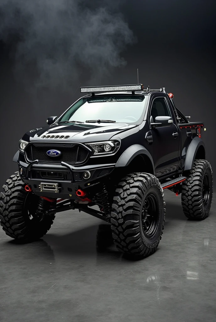 A heavily modified Ford StreetKa, transformed into an extreme off-road beast, standing tall with an aggressive body lift. The entire car is finished in a deep, glossy jet-black paint with a satin finish, reflecting the moody professional studio lighting. Massive off-road tires with rugged, deep treads are wrapped around forged black multi-spoke beadlock wheels, slightly protruding from the widened, flared fenders. A custom wide-body kit adds bold, angular lines to the compact roadster, with extended front and rear bumpers featuring integrated skid plates and reinforced tow hooks. The headlights are sharp, LED-enhanced, with a menacing DRL signature, while the taillights are smoked and streamlined.

A full-length matte black roof-mounted LED light bar illuminates the upper edges, casting a powerful glow. The front grille is reworked into a large, black honeycomb mesh with exposed metal bolts for an industrial look, and a custom hood scoop enhances the aggressive stance. The car's stance is lifted significantly with high-performance off-road suspension, visible red coilovers, and reinforced undercarriage armor. Side-exit exhaust pipes roar with a deep, aggressive tone, and the roll cage behind the seats is wrapped in rugged padding for an extreme off-road aesthetic.

The background is a dark, moody professional studio with soft spotlights highlighting the car’s muscular stance, creating deep contrasts between shadow and light. The polished studio floor reflects subtle hints of the beastly machine, adding to its imposing presence. Smoke effects lightly swirl at the base, emphasizing the vehicle’s raw power and dominance. This is the ultimate fusion of sport and off-road brutality—an all-black masterpiece, a once-tiny roadster reborn into an untamed force.