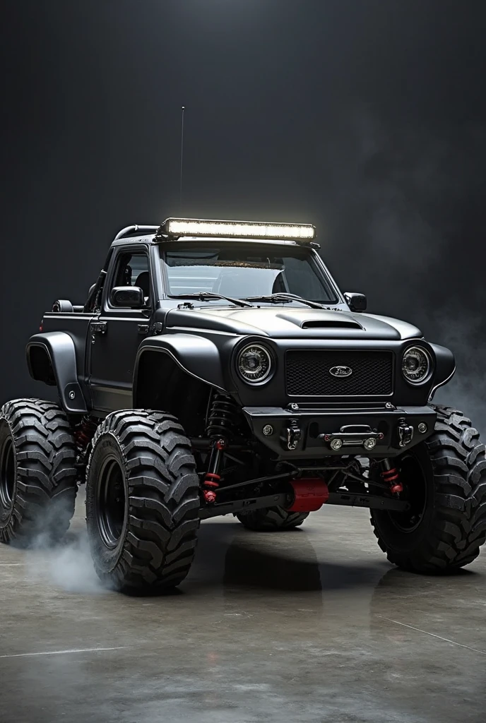 A heavily modified Ford StreetKa, transformed into an extreme off-road beast, standing tall with an aggressive body lift. The entire car is finished in a deep, glossy jet-black paint with a satin finish, reflecting the moody professional studio lighting. Massive off-road tires with rugged, deep treads are wrapped around forged black multi-spoke beadlock wheels, slightly protruding from the widened, flared fenders. A custom wide-body kit adds bold, angular lines to the compact roadster, with extended front and rear bumpers featuring integrated skid plates and reinforced tow hooks. The headlights are sharp, LED-enhanced, with a menacing DRL signature, while the taillights are smoked and streamlined.

A full-length matte black roof-mounted LED light bar illuminates the upper edges, casting a powerful glow. The front grille is reworked into a large, black honeycomb mesh with exposed metal bolts for an industrial look, and a custom hood scoop enhances the aggressive stance. The car's stance is lifted significantly with high-performance off-road suspension, visible red coilovers, and reinforced undercarriage armor. Side-exit exhaust pipes roar with a deep, aggressive tone, and the roll cage behind the seats is wrapped in rugged padding for an extreme off-road aesthetic.

The background is a dark, moody professional studio with soft spotlights highlighting the car’s muscular stance, creating deep contrasts between shadow and light. The polished studio floor reflects subtle hints of the beastly machine, adding to its imposing presence. Smoke effects lightly swirl at the base, emphasizing the vehicle’s raw power and dominance. This is the ultimate fusion of sport and off-road brutality—an all-black masterpiece, a once-tiny roadster reborn into an untamed force.