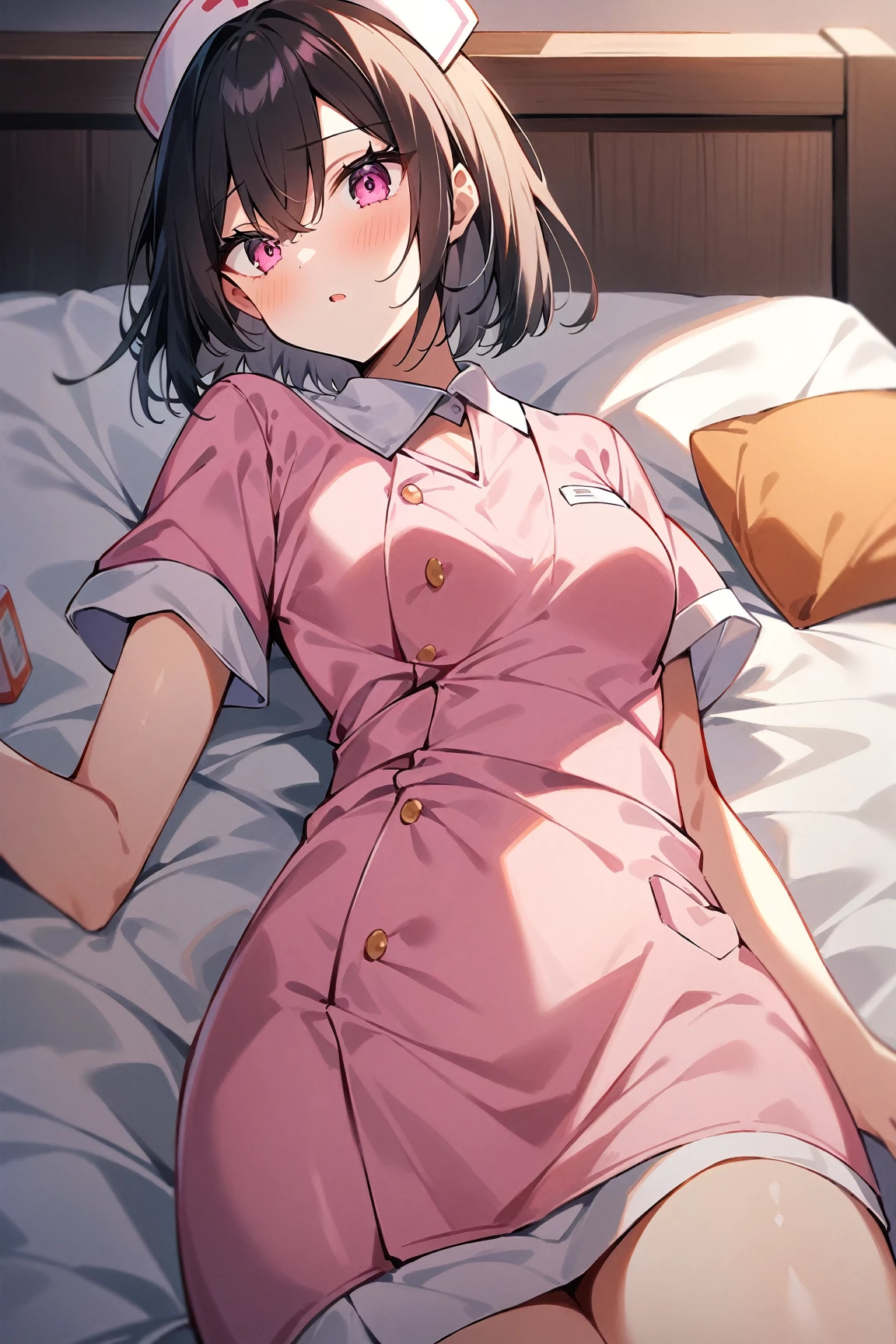 ((Hand massage on thighs:1.6)))、(((Wearing a pink work uniform:1.3)))、(((The duvet and sheets are white:1.3)))、(((Close-up:1.3)))、(((Wearing a pink massage outfit:1.3、fidgety:1.3)))、(((Perfect human body:1.3、Cinematic Production:1.3、Top view:1.3)))、(((Eyes Wide Open:1.3、Feels good:1.3、Open your mouth slightly)))、(((highest quality、masterpiece、High resolution)))、(((photograph)))、(((Brown Hair、Wavy Hair、Bob Cut Hair、Round eyes、Beauty、Brown eyes、Push your bangs to the side))),break,(((Ryokan rooms:1.3、Lying face up on a white futon:1.3、night:1.3、Flushed cheeks:1.3、Sweat:1.3)))、(((A man's hand is stroking her thigh:1.3)))、