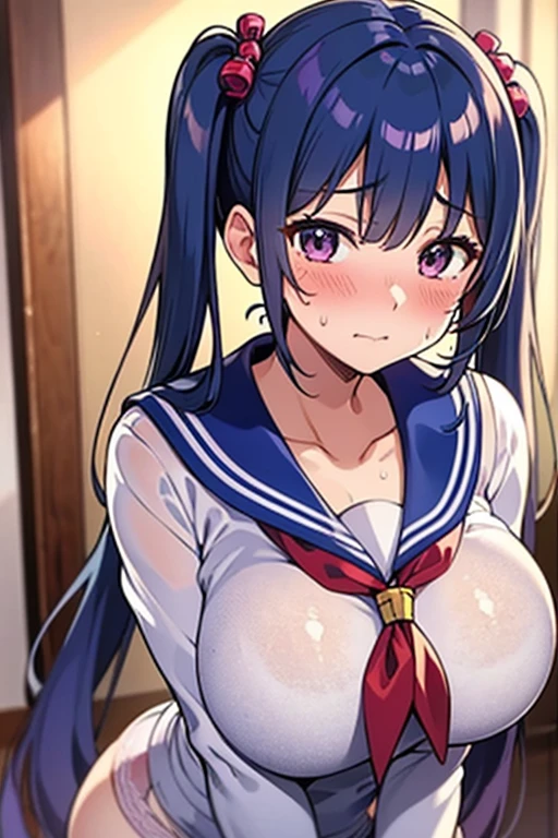 furuderika, long hair, purple eyes, blue hair, blunt bangs, , pink bow, , large breasts, , pink bow, 　live stage, nipple, naked, solo, Peeing, lactation, projectile lactation,  , Sweating profusely, Love juice, Wet Woman,  female ,