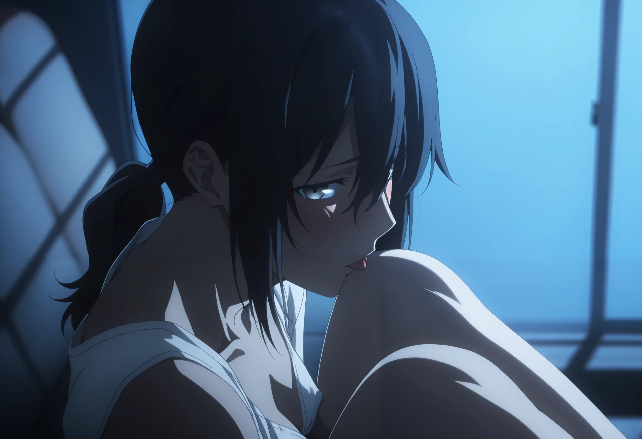 masterpiece, best quality, amazing quality, highres, absurdres, very aesthetic, high resolution, ultra detailed, perfect details, midnight, ,indoors, ufotable style, (blue hour), (from above, from side,),
1girl, solo, ufotable style, anime style, (anime coloring:1.5), (anime screencap:1.2) ,(aged up:1.4),
girl, mature, slim body, slender body, ,Fate Grand Order, fate, Fate Grand Order, medium hair, (straight hair, low ponytail), light gray eyes, half eyes closed, black hair, sitting, , (knees to chest), licking, (show off nipple), undress undershirt, white satin panties, (small breast), (looking at viewer), , (embarrassed), blush,