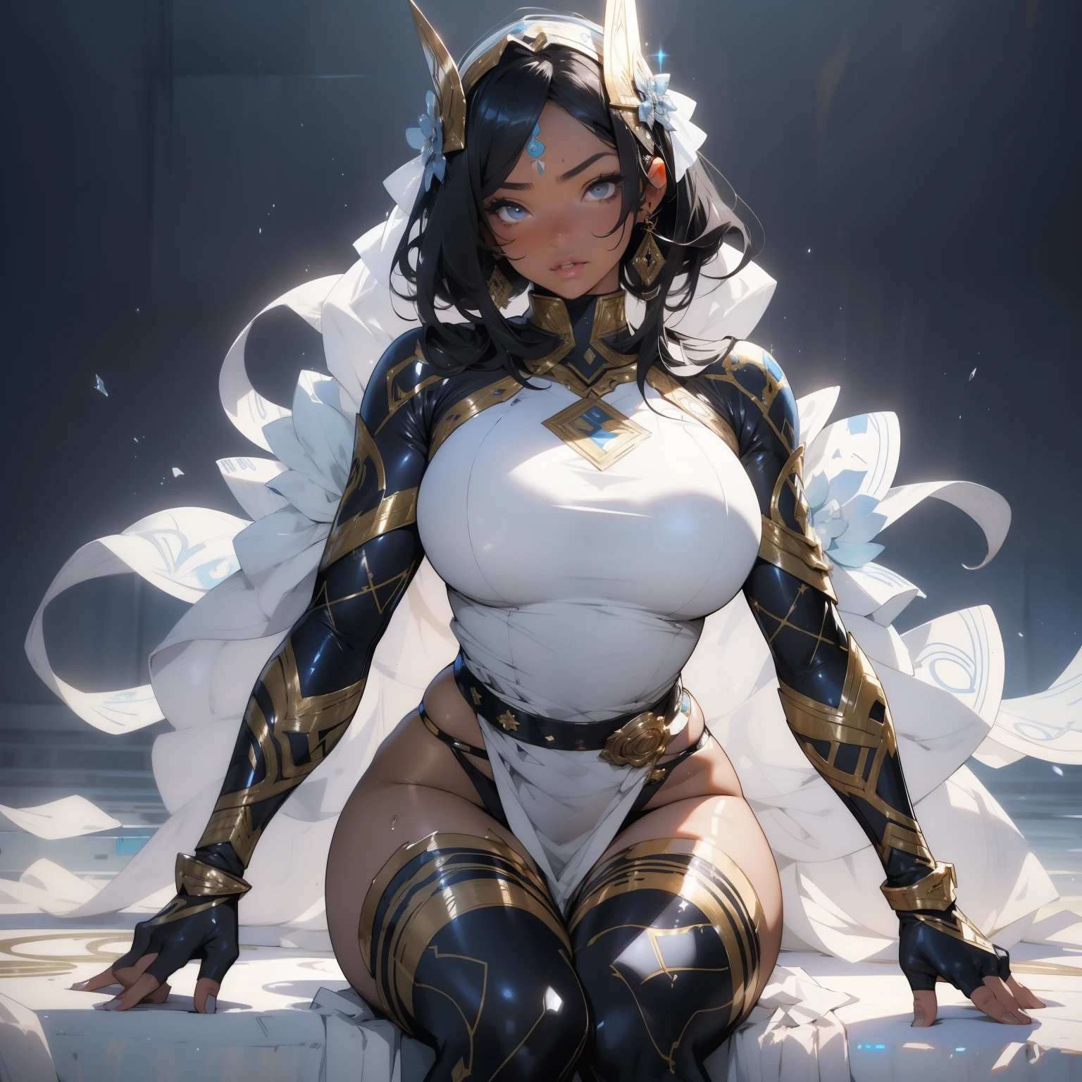 female protogen with extremely wide hips, extremely large breasts, extremely large thighs, extremely large tits, extremely large wet pussy, yellow hair, and yellow glowing highlights. yellow glowing eyes, and whitish grey fur tufts. laying down in a bed entirely ????? and exposed. yellow glowing symbols.
