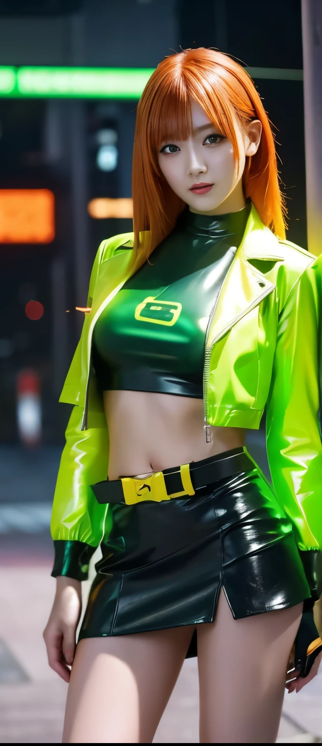Flashy Cyberpunk Idol Girl(Orange Green Hair)、A pure girl's face、 hypo、、Fluorescent Green Armor Tight Mini Skirt、Gold Cyberpunk Jacket、Glowing Cyberspire、Cyber Belt