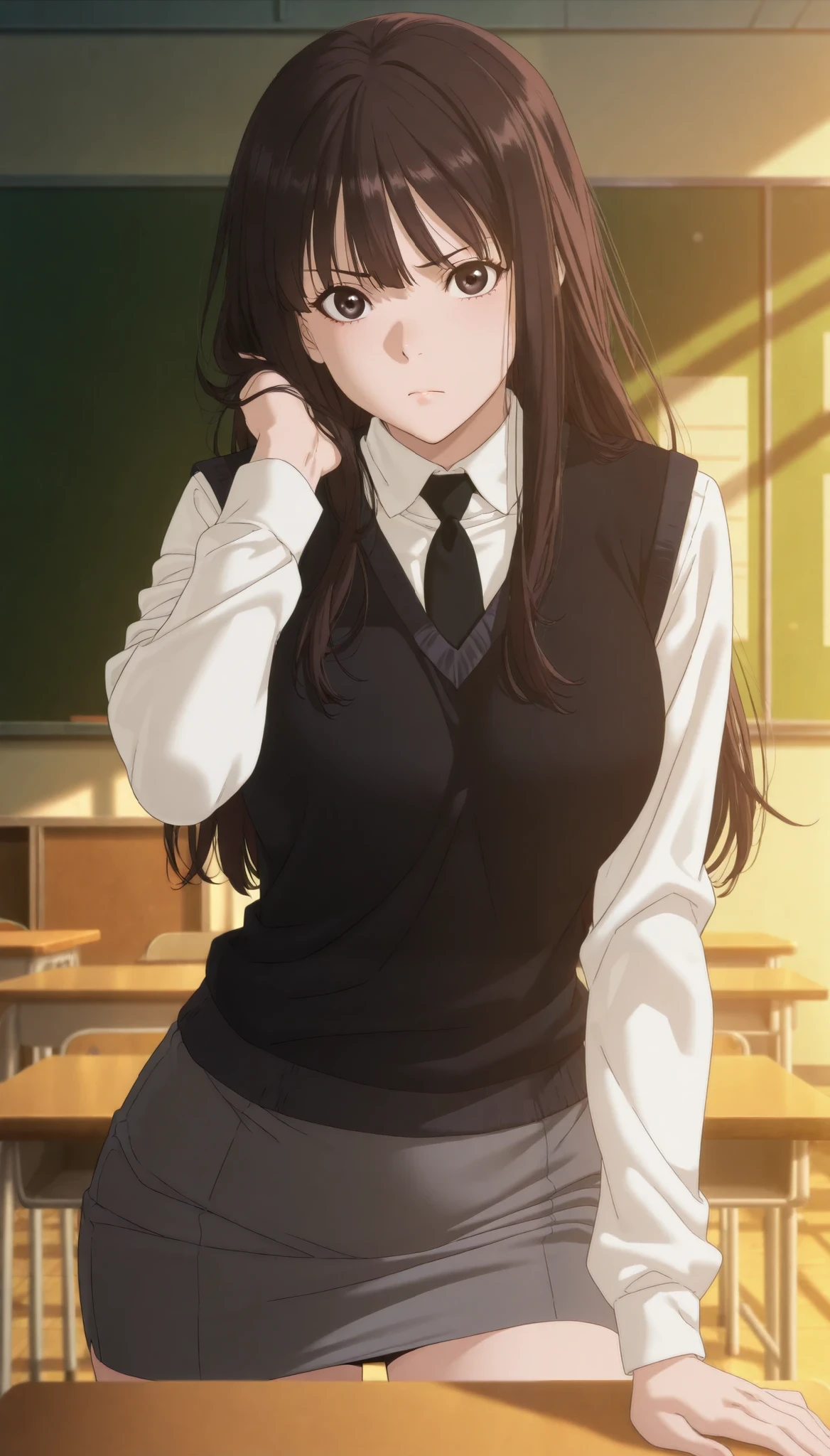 Masterpiece, best quality, source_anime, anime screencap, anime coloring, anime screencap, 1girl, brown eyes, long hair, brown hair, black hair, black eyes,school uniform, black necktie, sweater vest, black vest, white shirt, collared shirt, long sleeves, grey skirt, pencil skirt, miniskirt, Classroom background, school desk, looking at viewer, dynamic pose