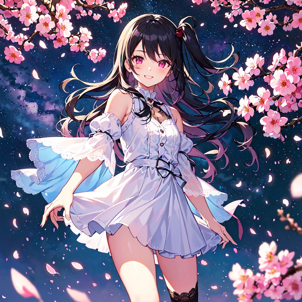 masterpiece，((Highest quality))，8k wallpaper，Precise Representation，((Very detailed explanation))，RAW Photos.　　　　　　　　　　　　　　　　　　　　　　　　　　　　　　　　　　　　　　　　　((Woman 1))，20-year-old，Super Beauty，((Fine facial details))，Perfect Anatomy，Correct Anatomy，Perfect Face，Perfect Arms，，Perfect Fingers，Perfect waist，Perfect Thighs，Twin tails，Beautiful black hair，View your viewers，Camera flashes are visible，((anger:1.1))，((Embarrassing:1.1)),((Extremely detailed depiction of facial features))，((blush:1.5))，Wear a white blouse with a ruffled collar，wearing a purple corset，Maid Cosplay，White mini skirt with white frills，((Lift the hem of a skirt))，(Show off your panties to your audience),((Showing off her pink lace panties))，White Stockings，((75 degree angle from bottom))，Close-up shot，Japanese Model.　　　　　　　　　　　　　　　　　　　　　　　　　　　　　　　　The background is a cherry tree，spring，noon，The wind is blowing，Many cherry blossom petals fluttering down，wonderful.