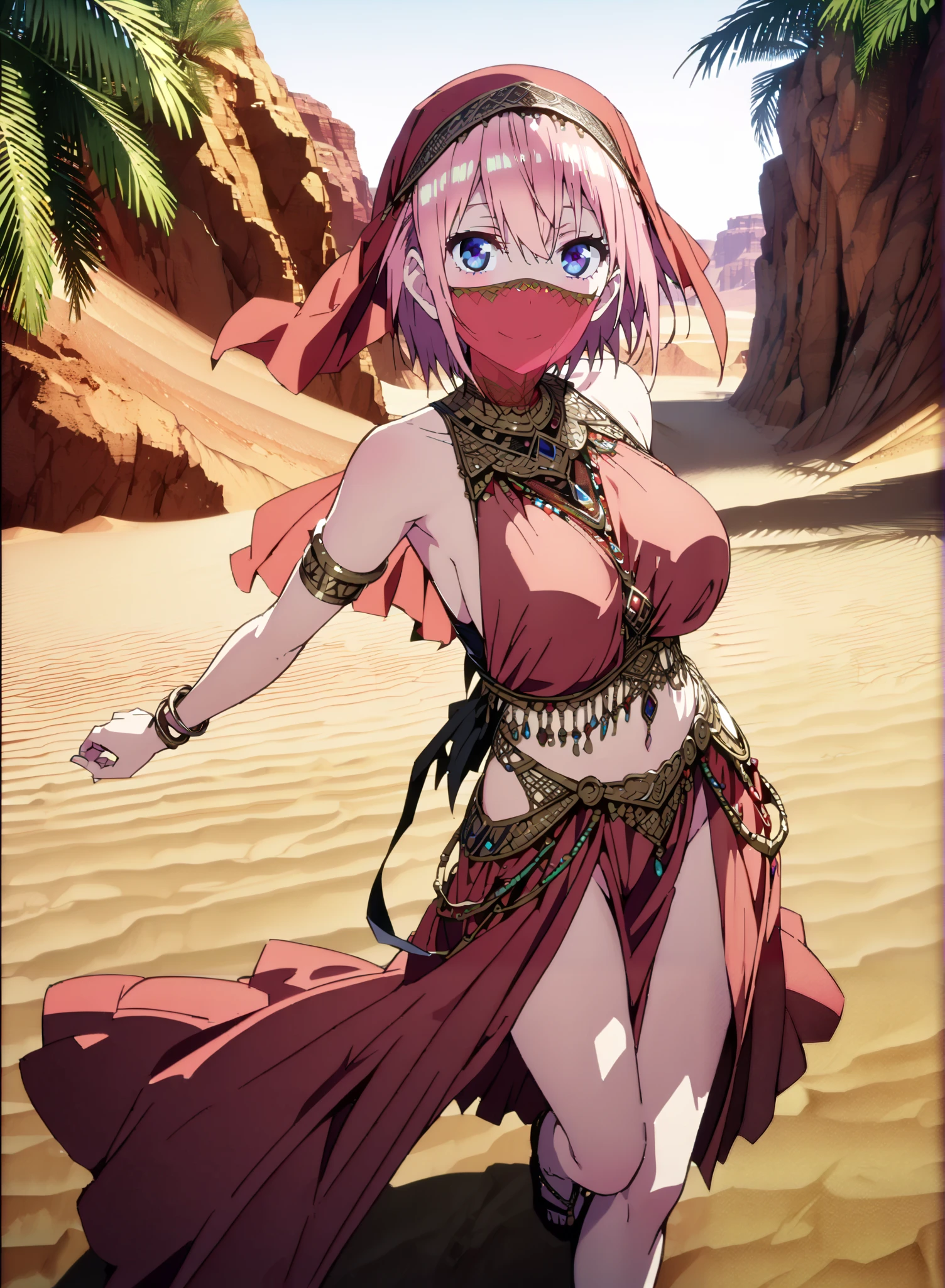 score_9, score_8_up, score_7_up, source_anime, Nakano Ichika, short hair, Alone,bangs, blue eyes, o, pink hair near MM, smile,blush,Big Breasts,Chest Valley,Arabian clothing, dancer , mouth Veil, belly Dancing, Veil, armlet, Bare legs,is standing,palm tree,full bodyがillustrationsに入るように,break outdoors, desert, oasis,
break looking at viewer,full body,
break (masterpiece:1.2), highest quality, High Resolution, Unity 8K Wallpaper , (illustrations:0.8), (Beautiful Detailed Eyes:1.6), very detailed face, perfect lighting, highly detailed CG, (perfect hands, perfect anatomy),