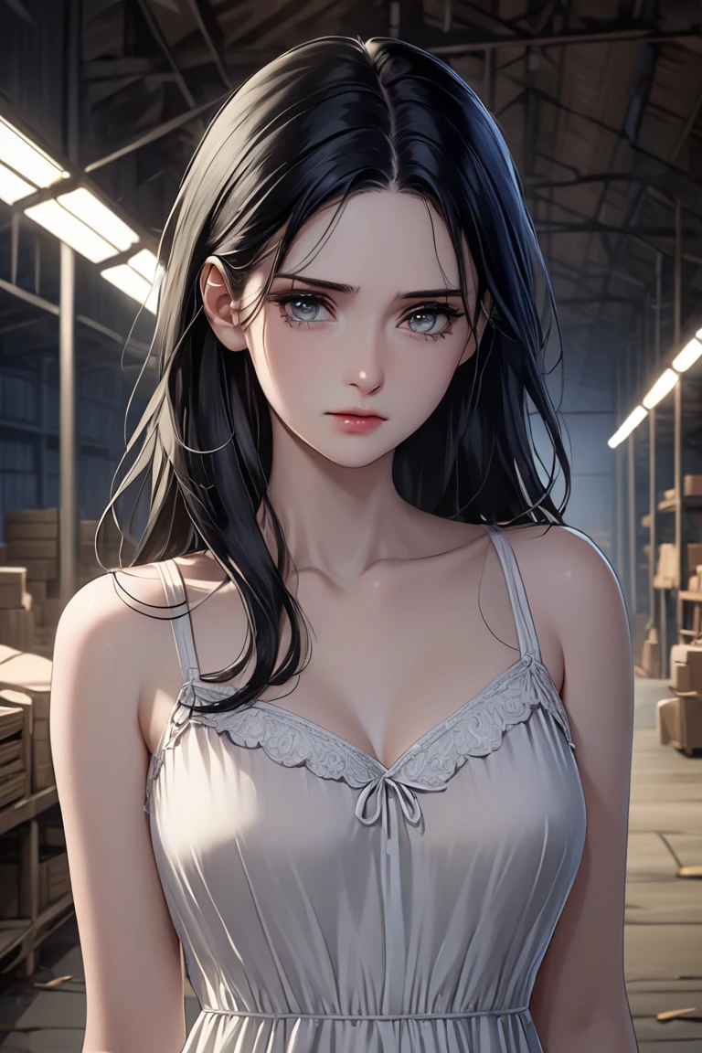 beautiful detailed eyes, beautiful detailed lips, extremely detailed eyes and face, long eyelashes,70 years old woman,  woman, beautiful woman, long black waist-length hair, large green eyes, large breasts, standing next to bed, (best quality,4k,8k,highres,masterpiece:1.2),ultra-detailed,(realistic,photorealistic,photo-realistic:1.37),portrait,realism,warm colors,dramatic lighting