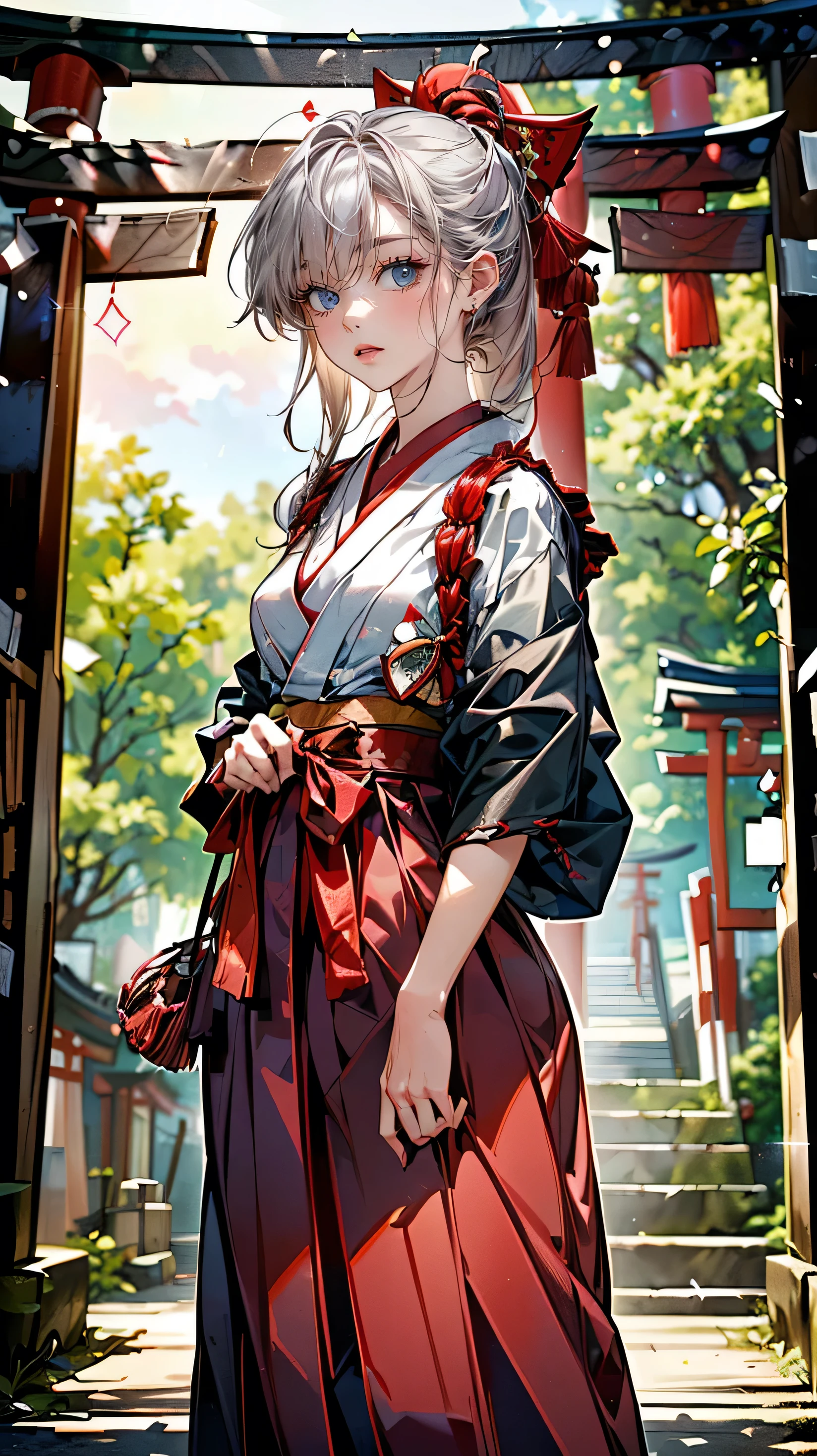 Top Quality)), ((Excellent)), (Detailed), ((Anatomically Correct)), (High Resolution, 8K), ((A high school girl wearing a shrine maiden outfit with odd eyes)), (((Heterochromia, Blue Eyes, Red Eyes)), ((Sparkling and Exquisite Eyes)), (Detailed and Super Glossy Skin: 1.1), Hime Cut, Long Hair, Straight Hair, Silver Hair, Hair Fluttering in the Wind, (Beautiful Eyes: 1.1), Slender Body, ((Very Small Breasts)), A Cup, ((Wearing a shrine maiden outfit and red hakama and standing in front of the torii gate in the shrine grounds)), ((Wearing long red hakama)), Evening, Beautiful Sunset