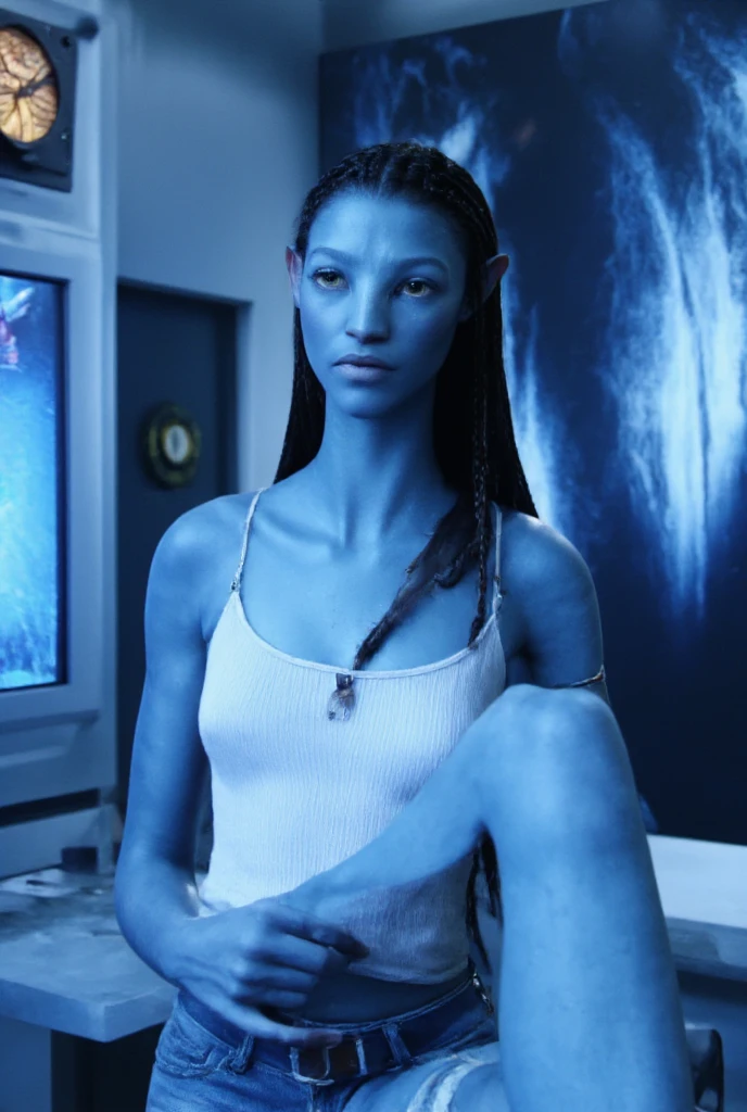 (masterpiece, best quality, high quality), RAW photo, (good body, good proportion, good anatomy, good fingers, good hands), detailed skin, detailed face, blue skin:1.2, pointy ears, Neytiri, avatar \(movie\), bracelet, yellow eyes:1.4, jewelry, portrait, (full modern clothing, blouse, jeans, depth of field photo of (sks woman:1), sitting, indoor restaurant, daytime, barbecue fire in background