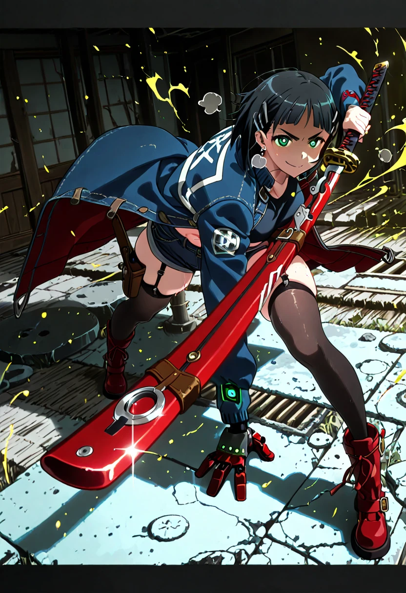 anime coloring, anime screencap, anime-style, detailed background, masterpiece, high quality, absurdres, best quality, very aesthetic, newest, dynamic composition, anatomical correct, HD, 4K, digital art, trending on ArtStation, perfect body, perfect eyes, perfect fingers, gasping, heavy breathing, excessive sweating, sweating, sweating profusely, gasping profusely, ((skindentation)), ((voluptuous)), suguha kirigaya, short hair, (black hair:1.3), hair ornament, hairclip, green eyes, mature female, bright pupils, (flabby stomach), plump, (aura), (yellow aura:1.2), 1girl, weapon, solo, sword, thighhighs, fighting_stance, holding, holding_weapon, sheath, coat, boots, holding_sword, looking_at_viewer, mechanical_arms, jewelry, shorts, single_mechanical_arm, earrings, katana, piercing, black_thighhighs, glint, garter_straps, ear_piercing, jacket, blue_coat, holster, smirk, shaded face, eyes trail, glowing eyes, abandoned building