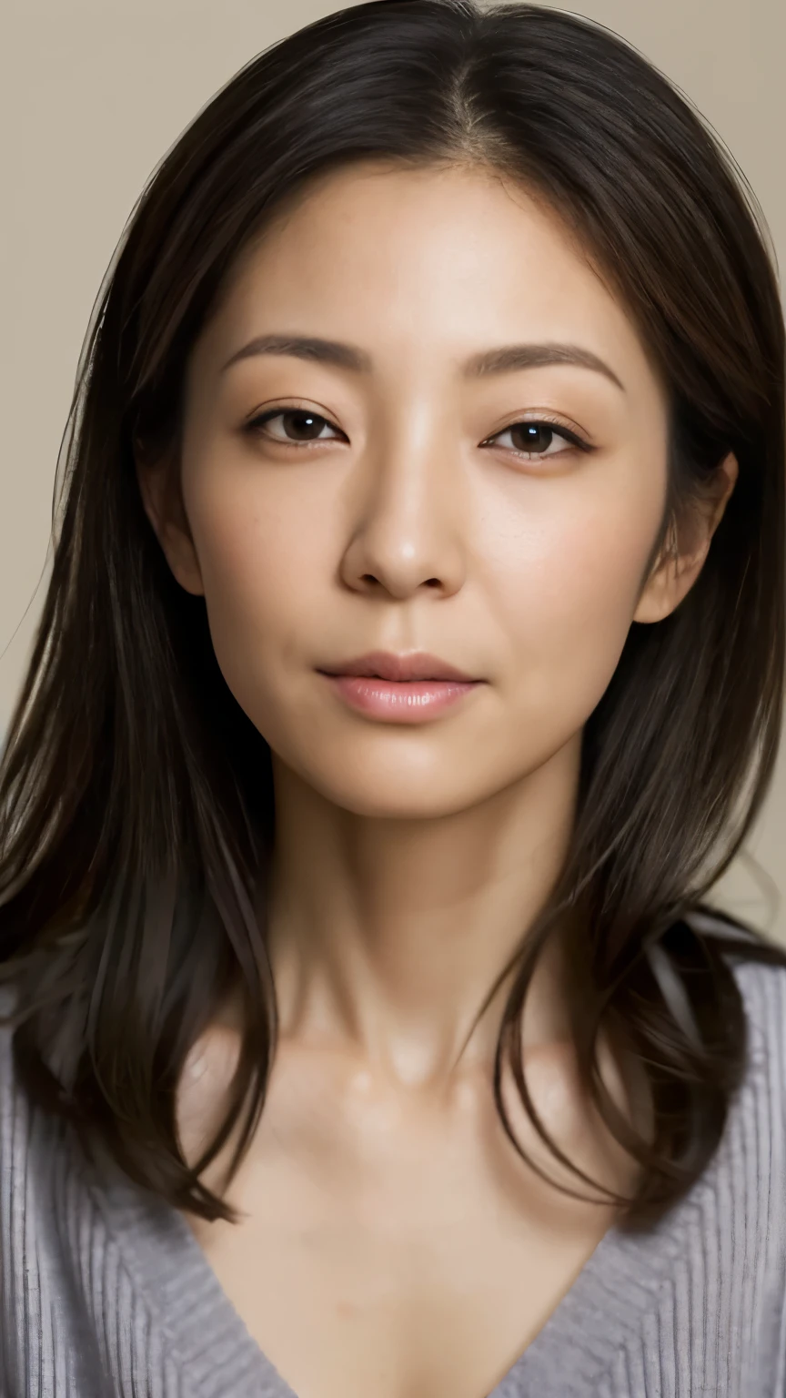 ((highest quality)), ((masterpiece)), ( details),((sensual))、((erotic))、perfect face,Japanese,Mother,40 years old,(Realistic facial wrinkles)、(wrinkles around the eyes:1.2),( teardrop bags), STRAIGHT MEDIUM HAIR、V-neck sweater with visible chest、of pussy slouches forward、close-up photo focusing on the upper body、dining table、 detailsな手、 detailsな指、 detailsな目、