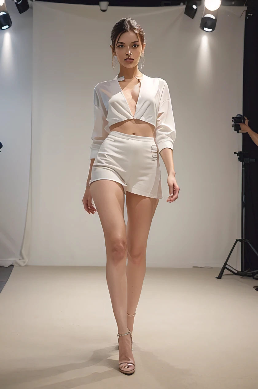 best qualtiy, jewelry，Full body like，Summer clothes，Fashion show，Refined face，pretty  face，1 14-year-old Asian female，slimfigure，Smaller bust