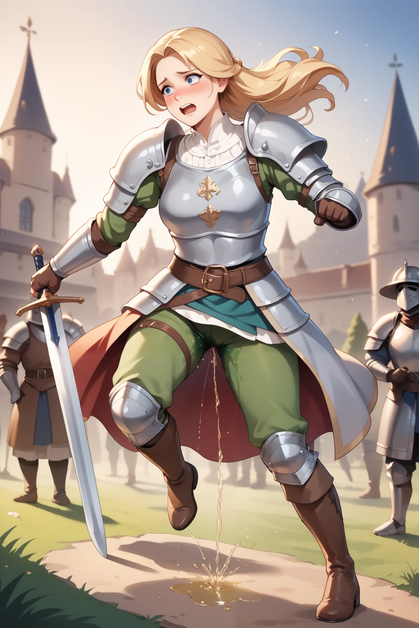 8k high resolution, best quality, 20 years old, dutch girl, blonde hair, medieval times, female mercenary, wearing a simple gambeson and rusty chestplate, battle in backround, very nervous, peeing herself, peeing her armor, pee running down her legs, wetting her pants, visibly peestained pants, wearing tight heavy breeches, on a battlefield at night, sword in hand, running from battle