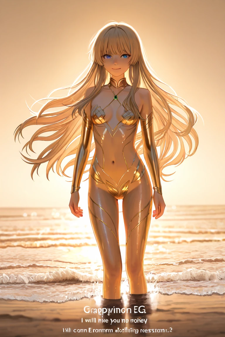(translucent, reflective, glass sculpture))), full shot body photo, illustration, cinematic light, fantasy, highest quality, best quality, masterpiece, (face fine), tall and sexy gold coin dress, sparkling sandy beach, floating embers, golden hair jewelry, golden light reflecting the sun's rays, (focus on the body: 1.25), clear blue sky, desert and sea background, Long curly hair, golden eyes release magic energy, dark reflection, light reflection --s2