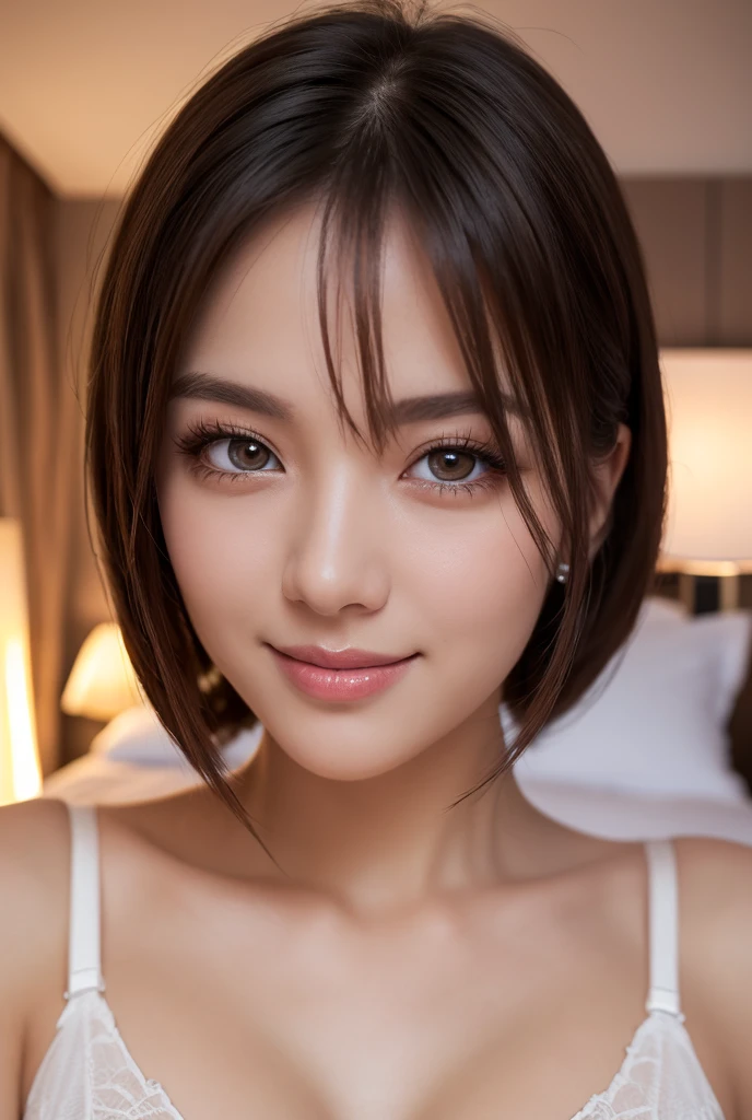 masterpiece、Highest quality、High resolution、wallpaper、Realistic、Bright lighting、Professional Lighting、Face Light、Smooth lighting、Japanese women、Adult、Beautiful woman、action、gravure、sexy、poor、so beautiful、Beautiful Skin、Beautiful and detailed、Detailed face、slim、moderately、short hair、Brunette Hair、Brown eyes、Looking at the camera、have a banana、Big Breasts、Cleavage