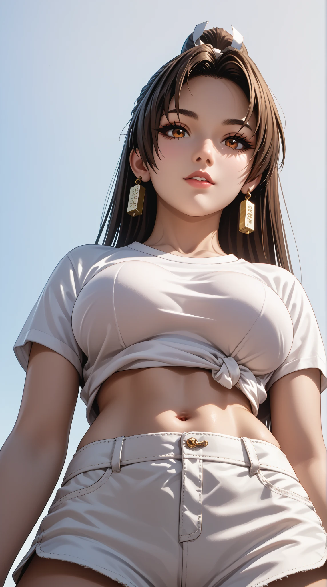 masterpiece, (ultra detailed background, delicate pattern, intricate detail), (highly detailed, fine details), best quality, beautiful lighting, 1girl, solo, Dalia, brown hair, lips, long hair, brown eyes, looking at viewer, navel, medium breasts, hair over one eye, midriff, twin braids, (white top, black sweatpants, sports clothing), ((closed mouth)), complex detailed background, inside, gym environment, (cowboy shot, showing ass), slim girl, <lora:Dalia:0.85>