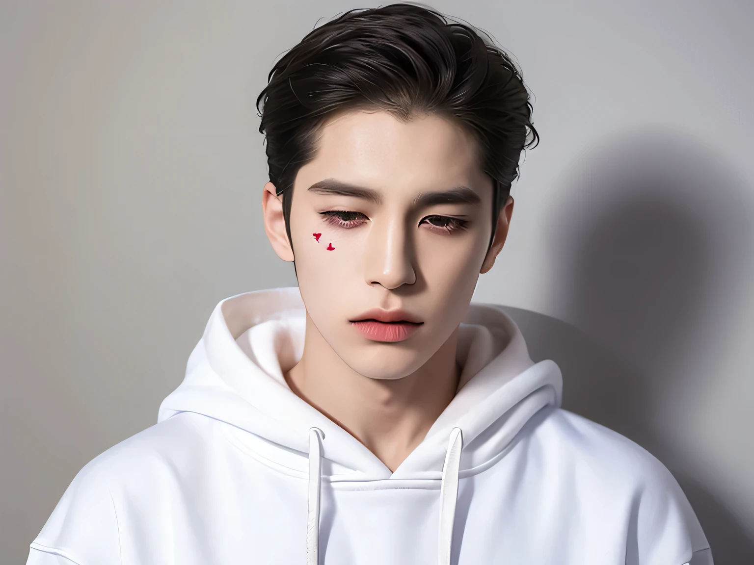 lip, headache, Close your eyes, sleepy, Open your mouth, yawn, 20 year old man, Very handsome , Korean Series Stars, White skin, handsome, classic side part hairstyle, black background, Masterpiece, Face Paint, Cool personality , a man, Detailed image, clear, Shiny, Cold eyes, Very handsome , half body model, wearing a white hoodie, One Man, reflect, standing, front view.