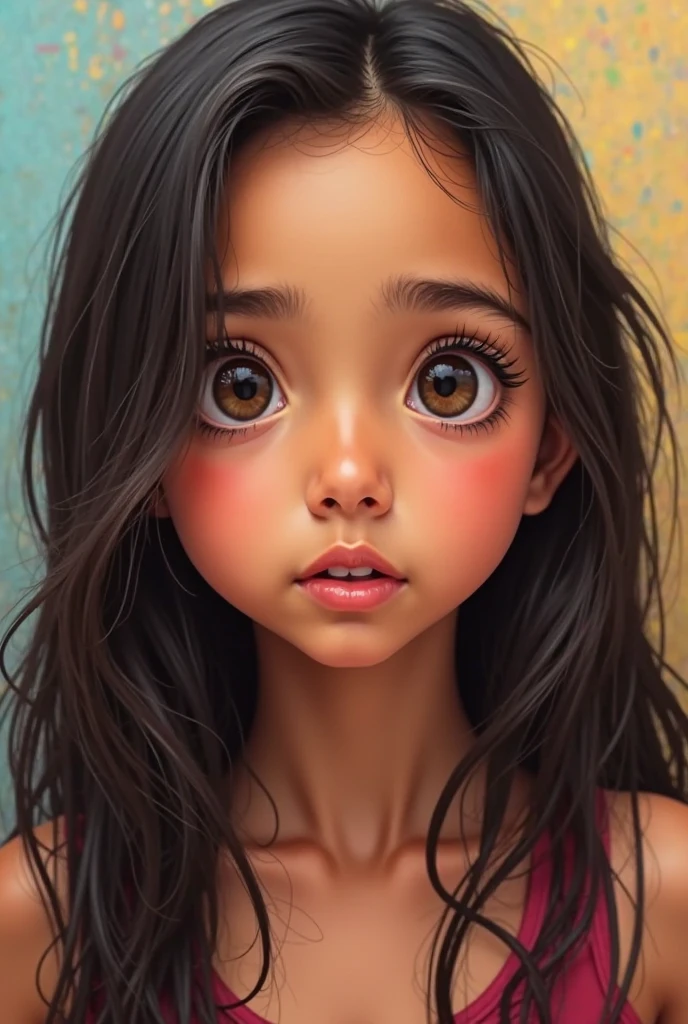 Generate an awe-inspiring hyper-realistic image showcasing a mesmerizing 10-year-old Venezuela girl with authentic features, gracefully positioned in front of a dynamic and vibrant background.