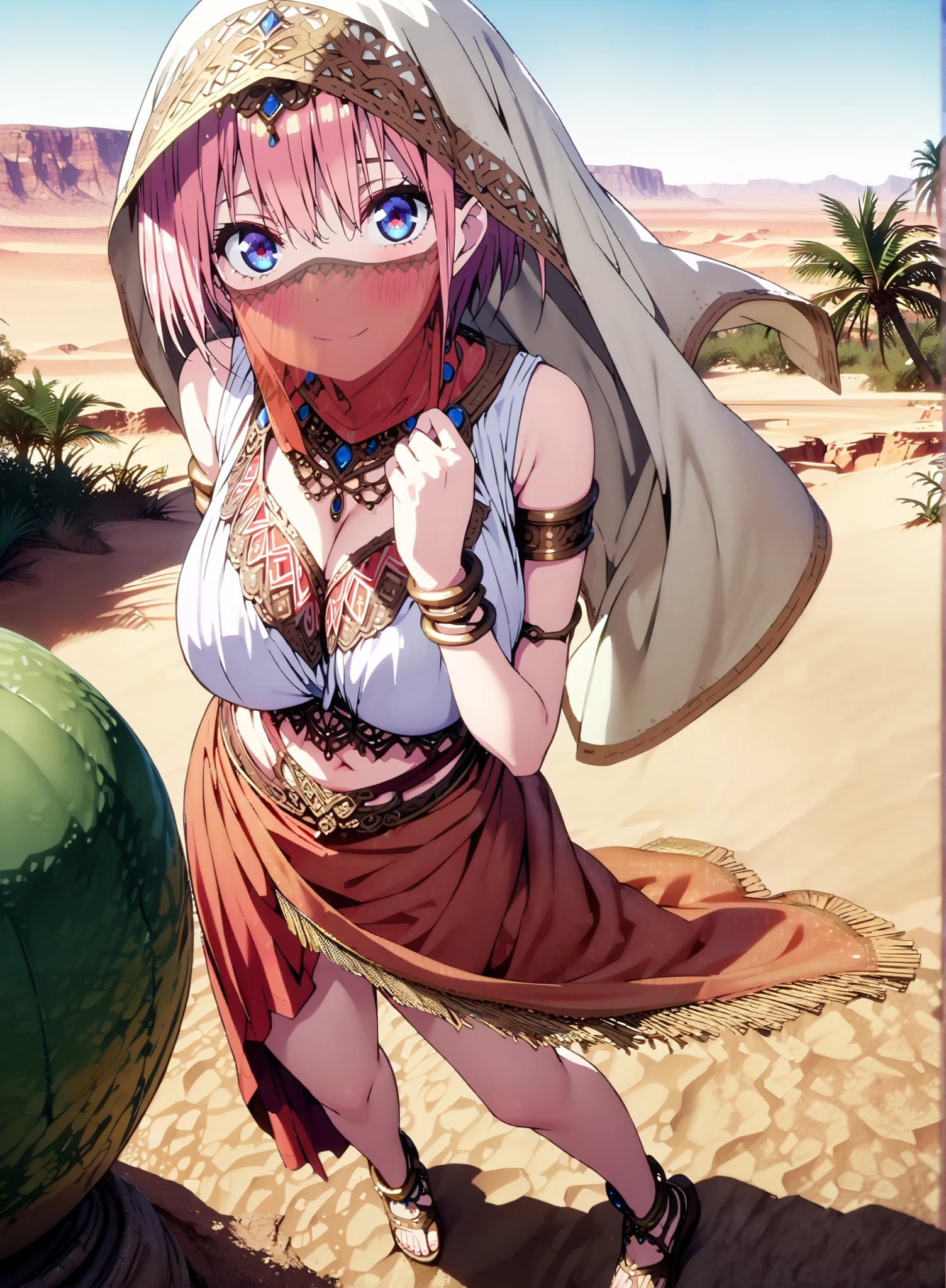 score_9, score_8_up, score_7_up, source_anime, Nakano Ichika, short hair, Alone,bangs, blue eyes, o, pink hair near MM, smile,blush,Big Breasts,Chest Valley,Arabian clothing, dancer , mouth Veil, belly Dancing, Veil, armlet, Bare legs,is standing,palm tree,full bodyがillustrationsに入るように,break outdoors, desert, oasis,
break looking at viewer,full body,
break (masterpiece:1.2), highest quality, High Resolution, Unity 8K Wallpaper , (illustrations:0.8), (Beautiful Detailed Eyes:1.6), very detailed face, perfect lighting, highly detailed CG, (perfect hands, perfect anatomy),