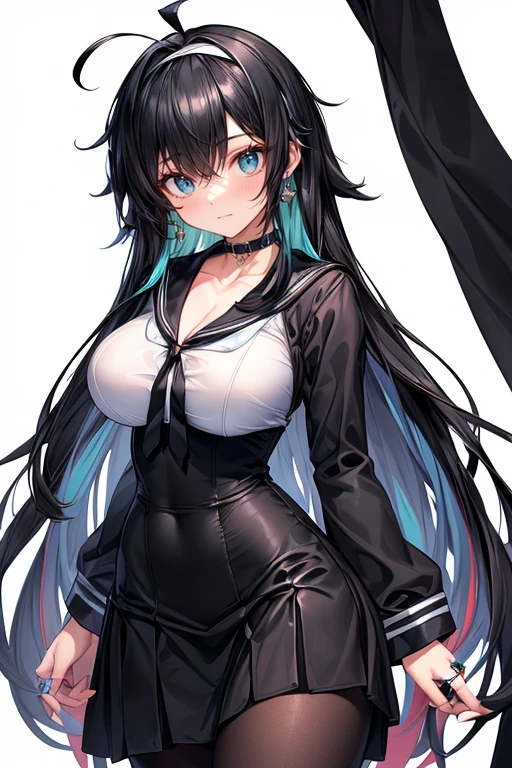 (((A narrow area of black pants with the skirt pulled up,)))seminude,NSFW.Smile,Atmari, Long hair, Ahoge, Twin-tailed, Hair Bow, multicolored hair, Rabbit ears, NSFW maid uniform, X Hair Ornament, lowered eyebrows thick eyebrows, Choker, criss-cross halter, yellow necktie, Bare shoulders, Black Gloves, frilld, layered skirts, Black skirt, single thighhigh,Beautiful and perfect legs, Clean and perfect hands,