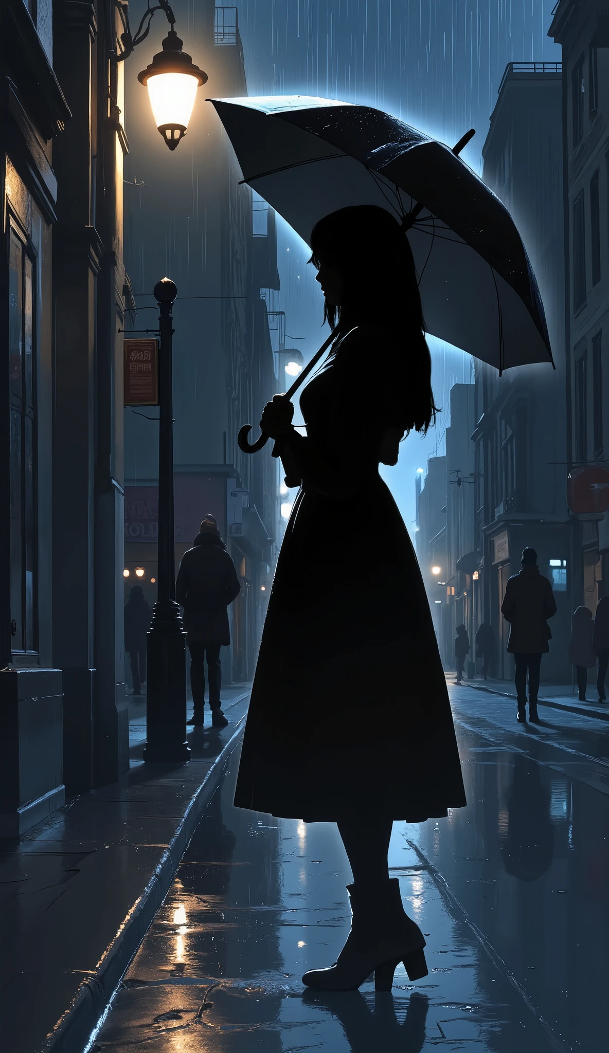 1girl . Silhouette illustration. Silhouette,Rain and street lights.(( Unattended background)).Unmanned Background、 ((No one in the background)). Alone,Alone focus,.side view. from side,Silhouette of woman.,Silhouette illustration. Backlit by a street lamp. An adult woman in a dress with an umbrella..Short boots,Dynamic and three-dimensional composition. Active angle.A night downtown、 Anime art,. Street lamp,, night. Contrast between light and shadow.dramatic portrait,rain,. Woman walking with umbrella. Drizzle.Depiction of rain. Foggy.colored skin, black skin, (black hair, silhouette), no eyes, faceless, no highlights,anime art