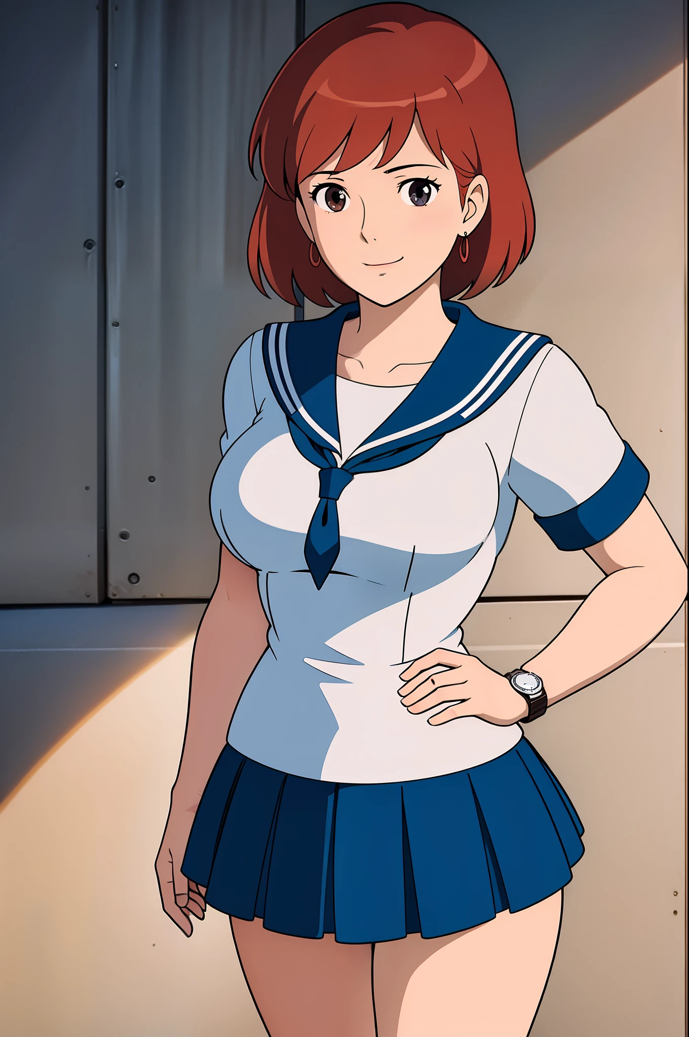 Nausicaa, 1 girl, alone, cute, shy,Smiling,dark eyes(カメラeye線,viewer),red stone earrings, brown hair,short bob, (Watch from up, Stare at viewers up close,Chest), big breasts, puts her left hand on her waist ,Standing posture from knees up, slender figure,beautiful thighs,(White and navy sailor suit, high school girl uniform,miniskirt,)(perfectly detailed anatomy, beautiful face&eye) puts her left hand on her waist