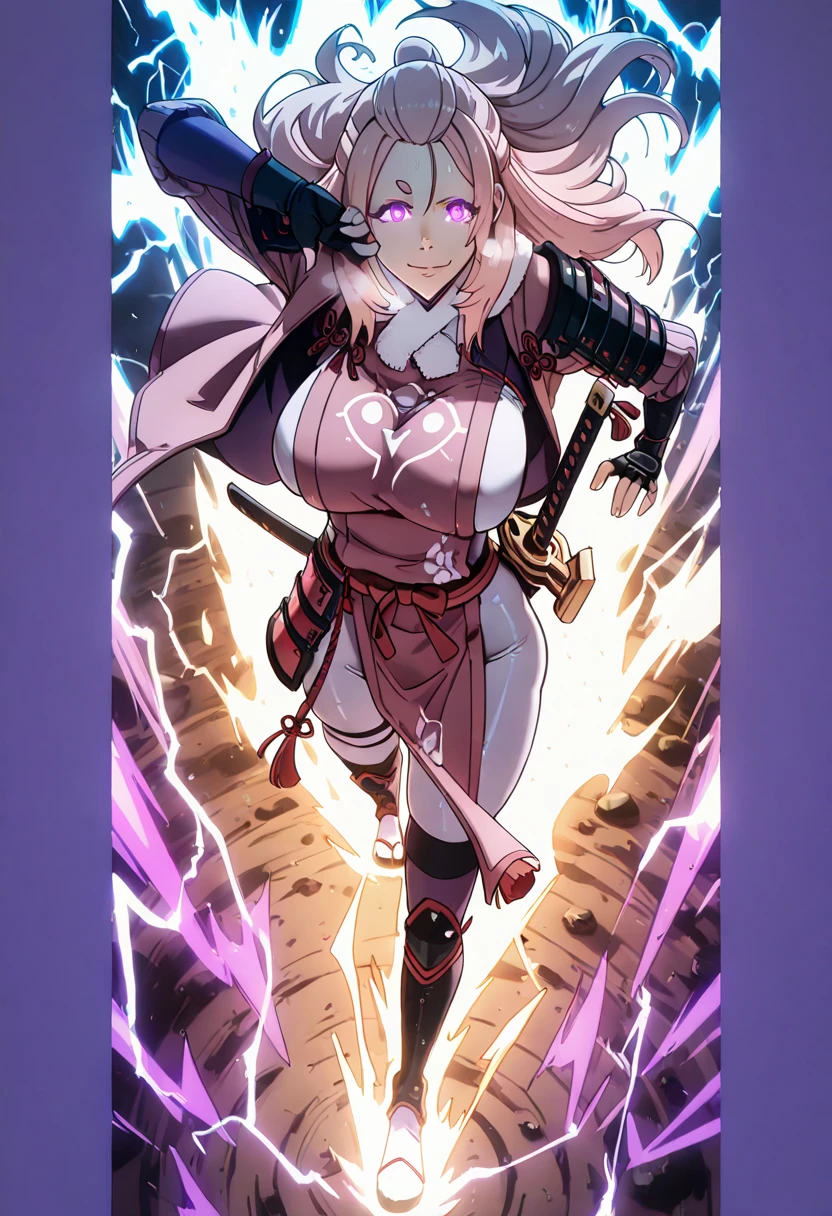 (Luxu-style:1.4), (Harris Hero-style:1.2), masterpiece, high quality, absurdres, best quality, very aesthetic, newest, anatomical correct, HD, 4K, digital art, trending on ArtStation, gasping, heavy breathing, excessive sweating, sweating, sweating profusely, gasping profusely, cinematic, ((skindentation)), ((voluptuous)), Mmananakiri, mature female, long hair, half updo hair, pink hair, purple eyes, short eyebrows, big breasts, bright pupils, 1girl, breasts, ribbed_sleeves, weapon, sword, tabard, bodysuit, gloves, solo, katana, purple_bodysuit, rope, black_gloves, smile, fingerless_gloves, japanese_armor, holding_sword, holding_weapon, holding, loincloth, arm_guards, lightning, closed_mouth, tassel, electricity, smirk, glowing eyes, eyes trail, glow effect, (aura:1.2), walking, dusty, epic art, 